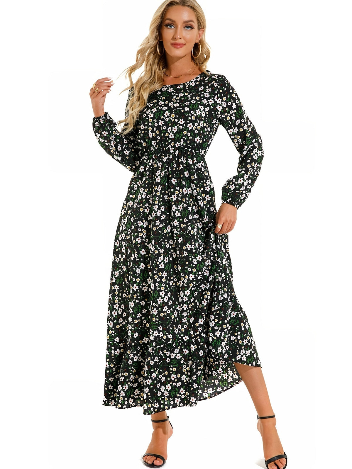Bohemian Flowy Ruffle Long Dress, Casual Floral Print Long Sleeve Crew Neck Waist Long Dresses