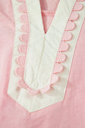 Light Pink Scallop Color Block Trim Puff Sleeve Mini Dress