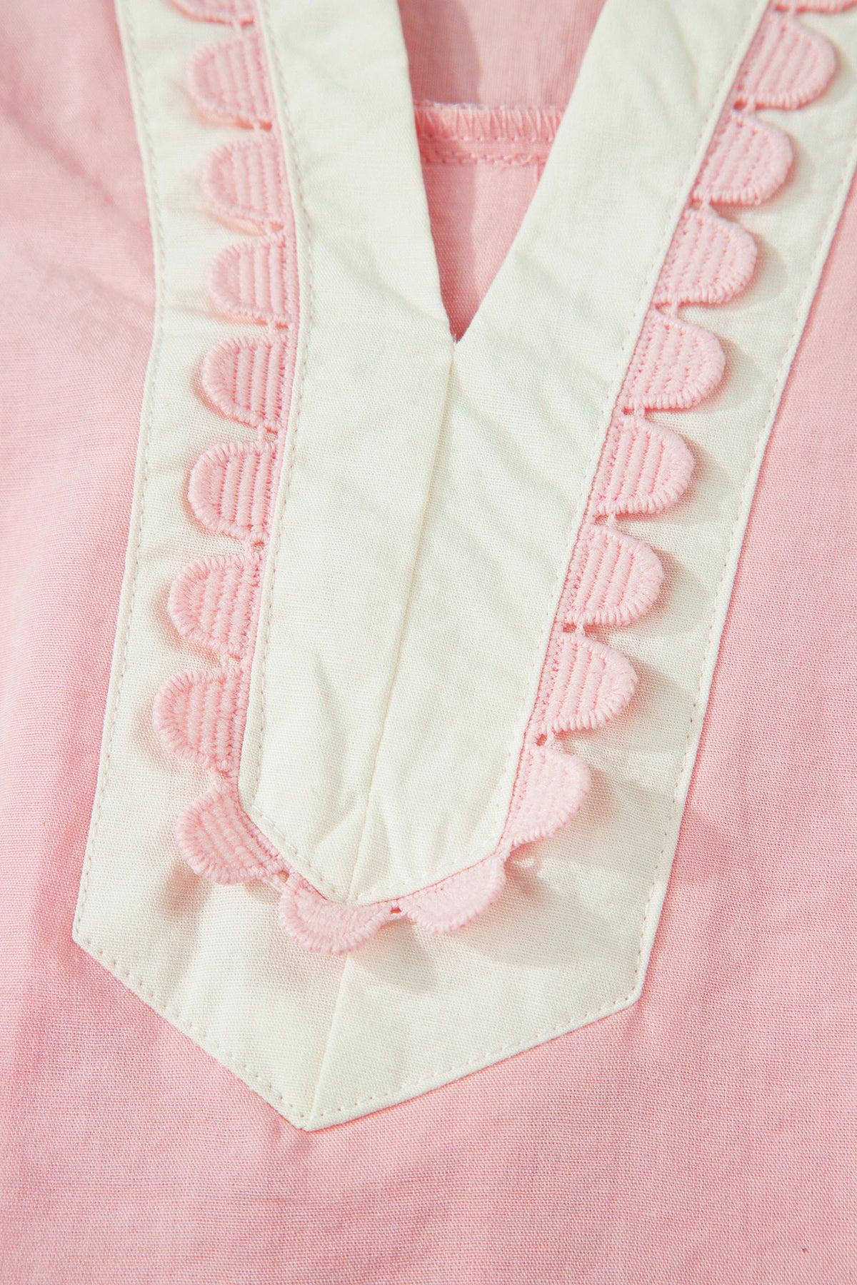 Light Pink Scallop Color Block Trim Puff Sleeve Mini Dress