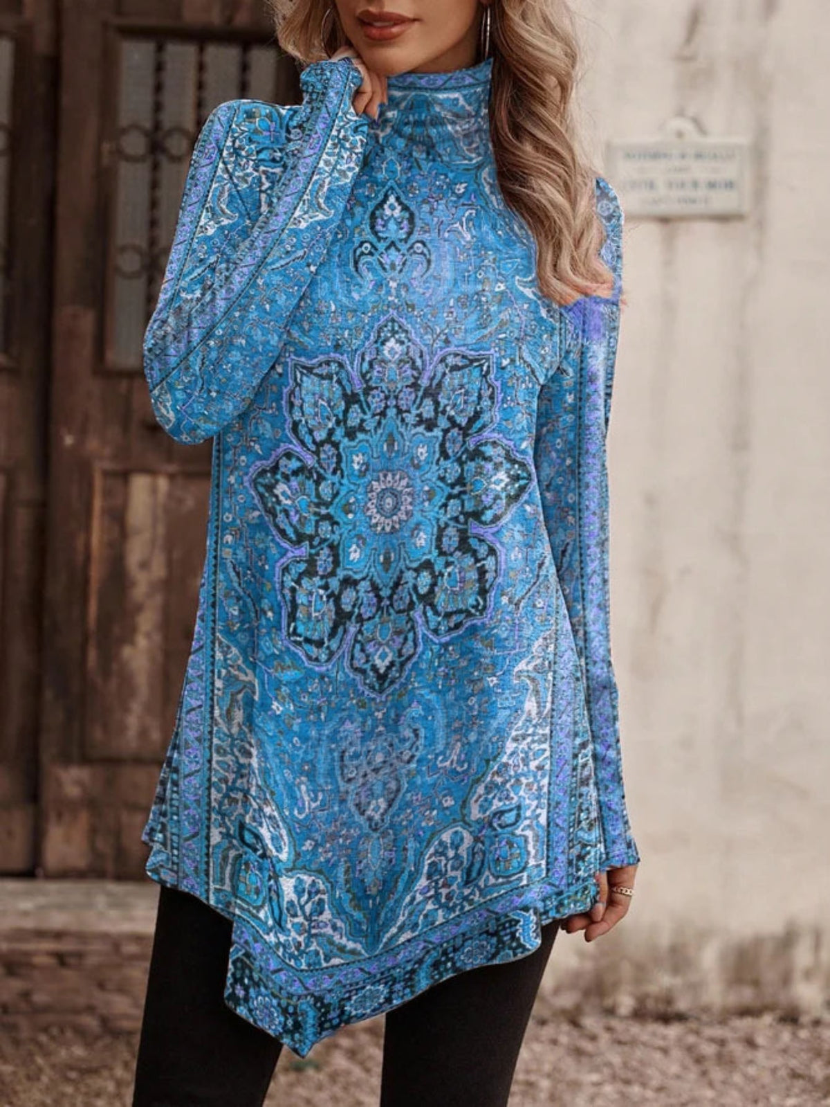 Ethnic Floral Print High Neck Tunics, Boho Long Sleeve Tunic Tops