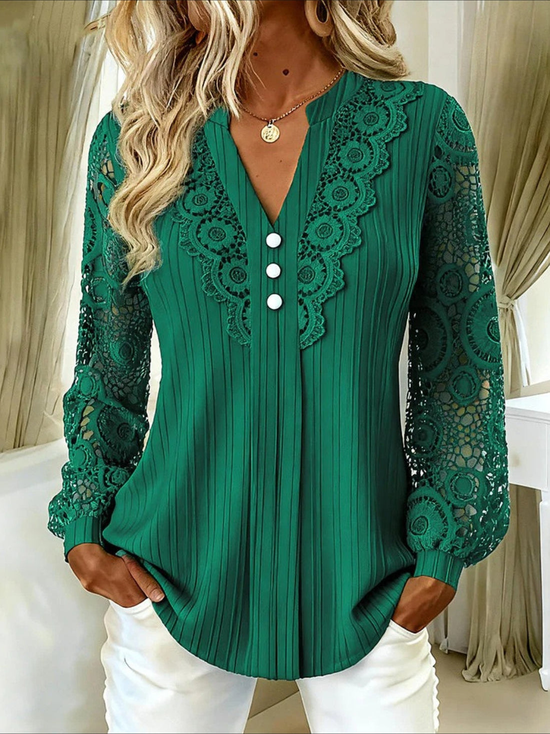 Solid Color V Neck Lace Long Sleeve Shirt