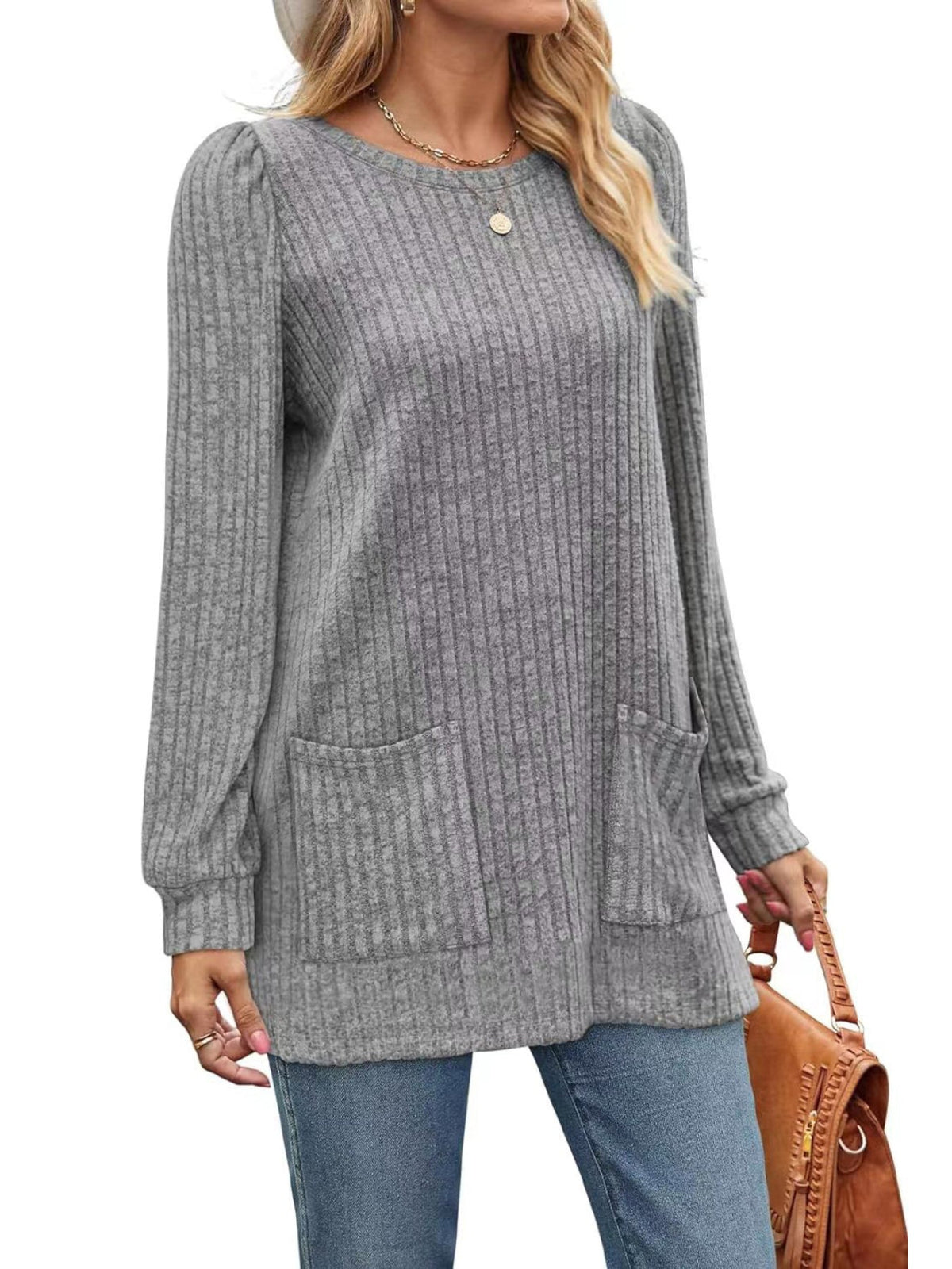 Casual Top, Women's Solid Ribbed Long Sleeve Round Neck Medium Stretch Top With Pockets