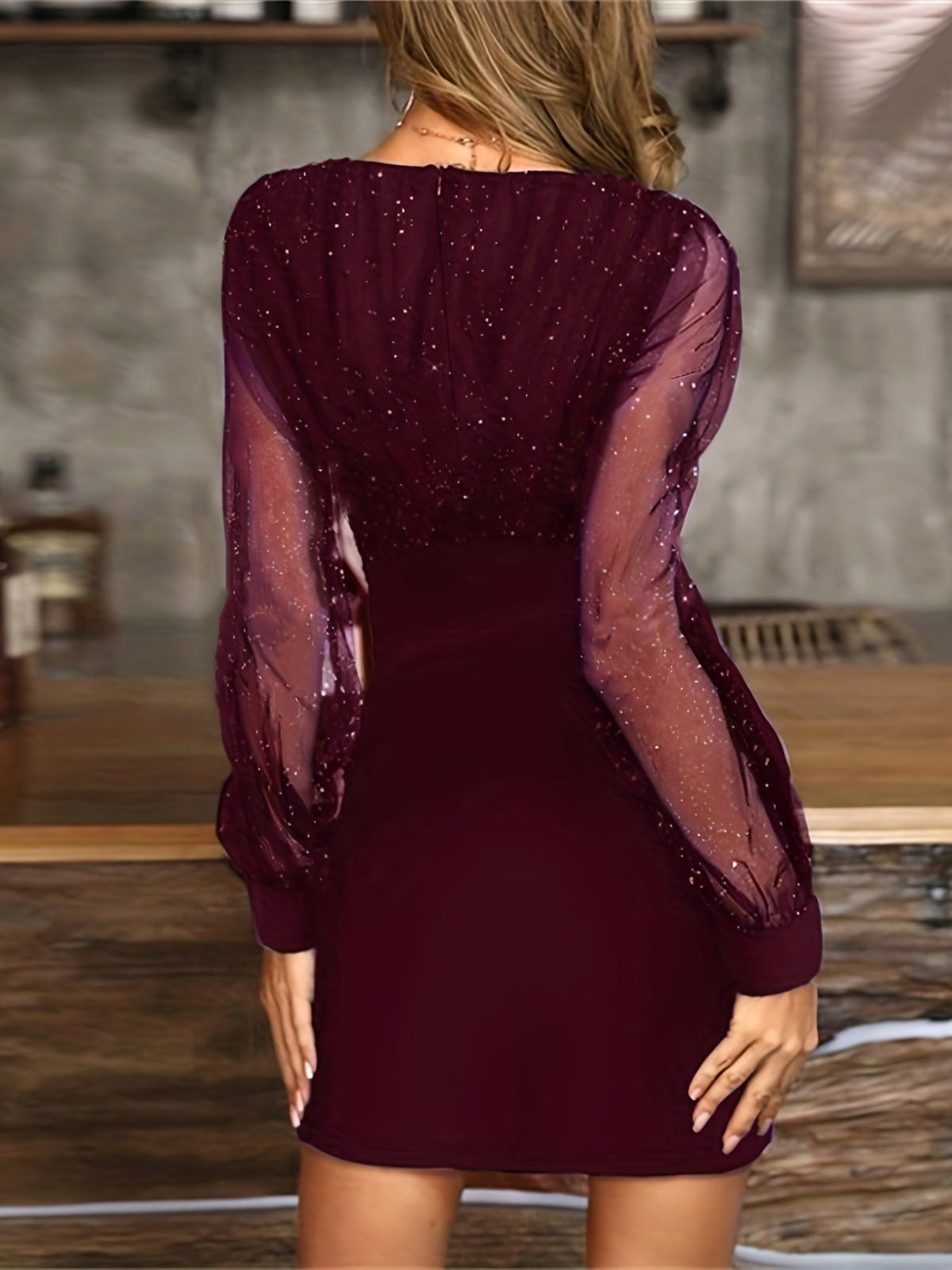 Solid Sequin Stitching Lace Long Sleeve Dress, Elegant Mesh Slim Sexy Party Dress