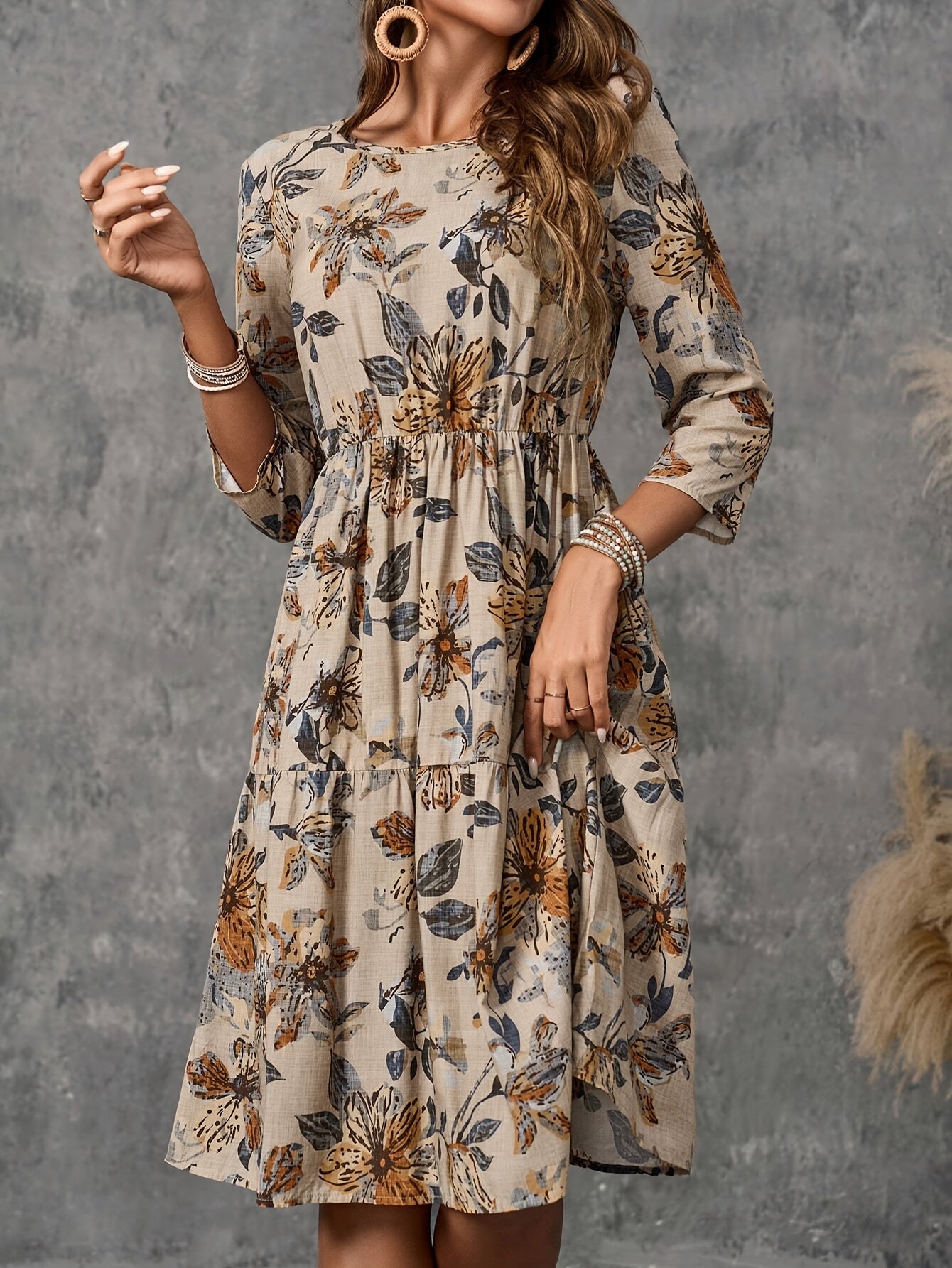 Elegant Floral Print Dress for Women - Crew Neck, 3/4 Sleeve, Polyester, Machine Washable