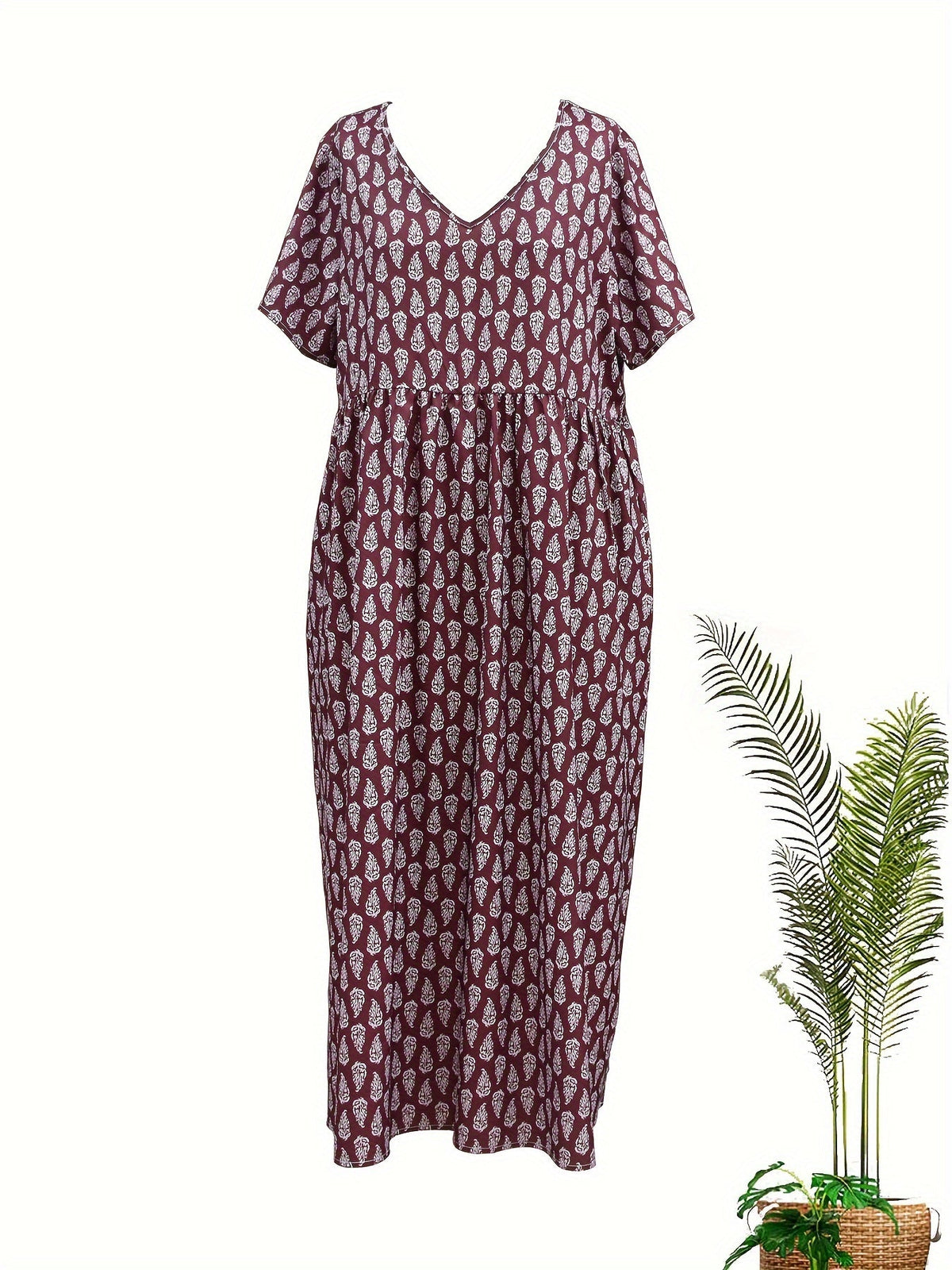 All Over Print Dress, Casual V Neck Short Sleeve Dress