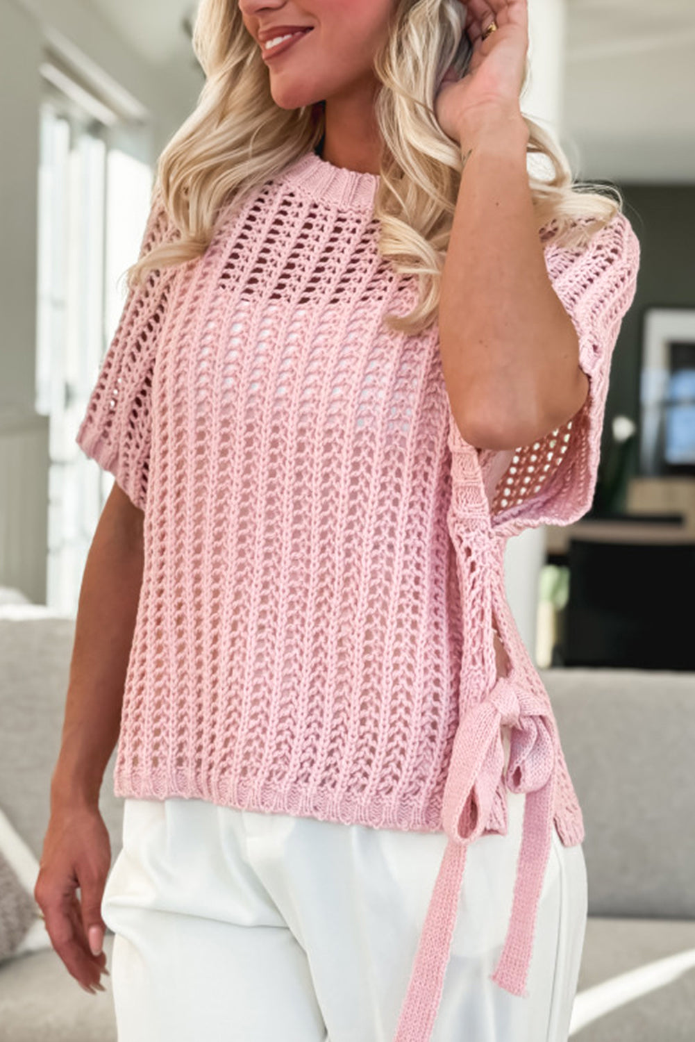 Pink Hollow-out Crochet Side Tied Short Sleeve Sweater