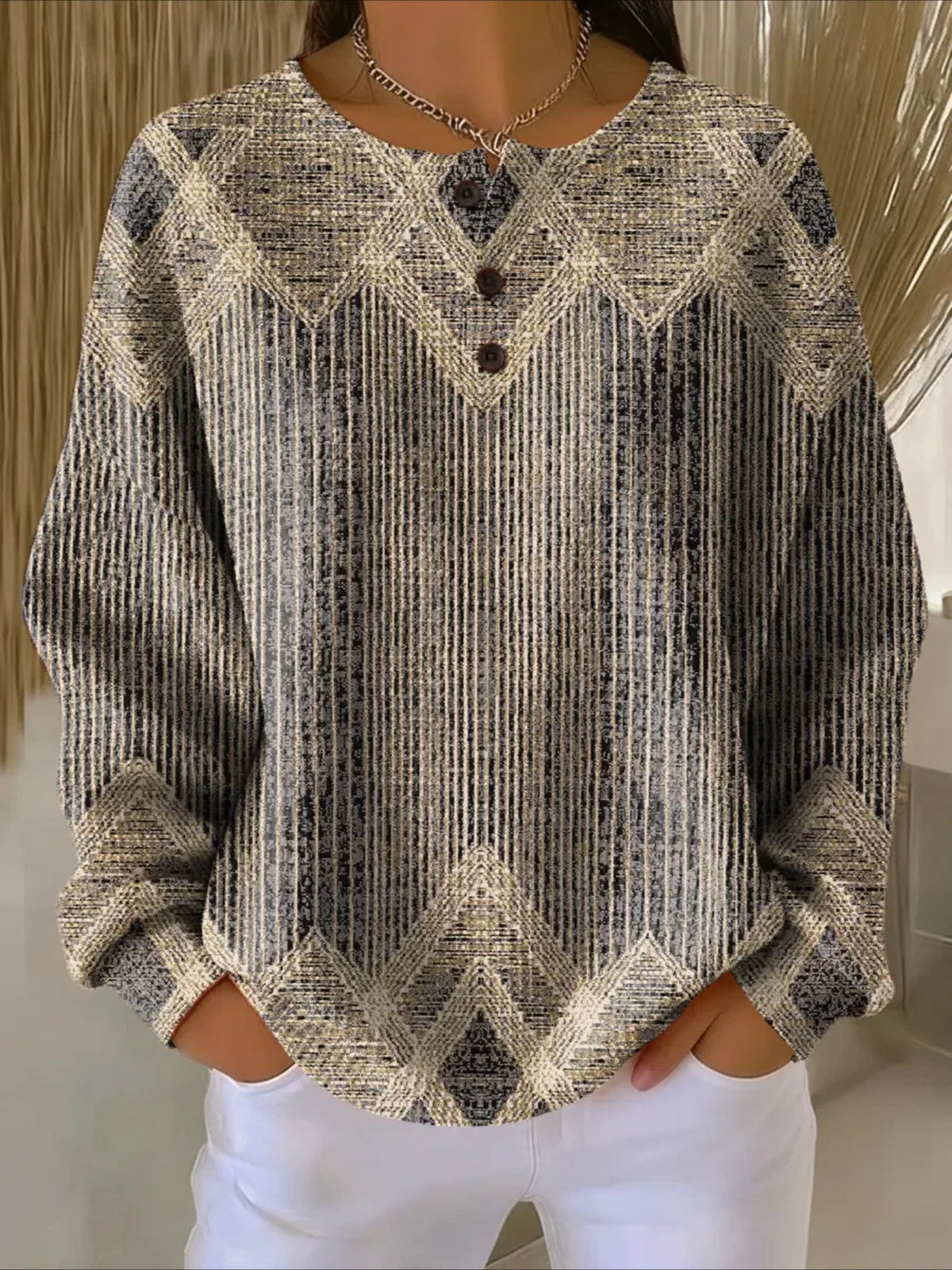 Colorful Ribbed V Neck Braided Print Long Sleeve Regular Sweatshirt