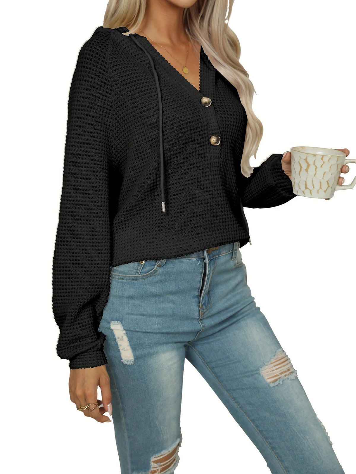 Waffle Button Front Loose Hoodie, Casual Long Sleeve Drawstring Hoodies Sweatshirt