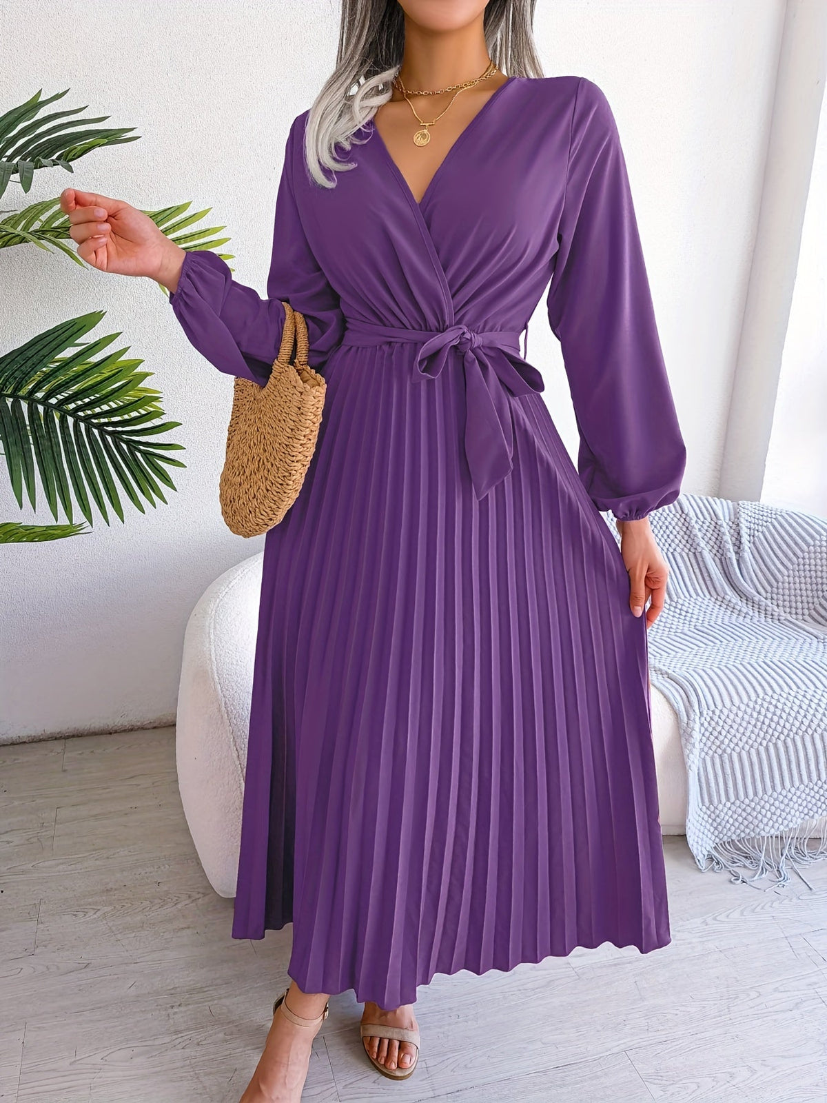 Pleated Surplice Neck Dress, Elegant Long Sleeve Solid Dress, Women's Clothing