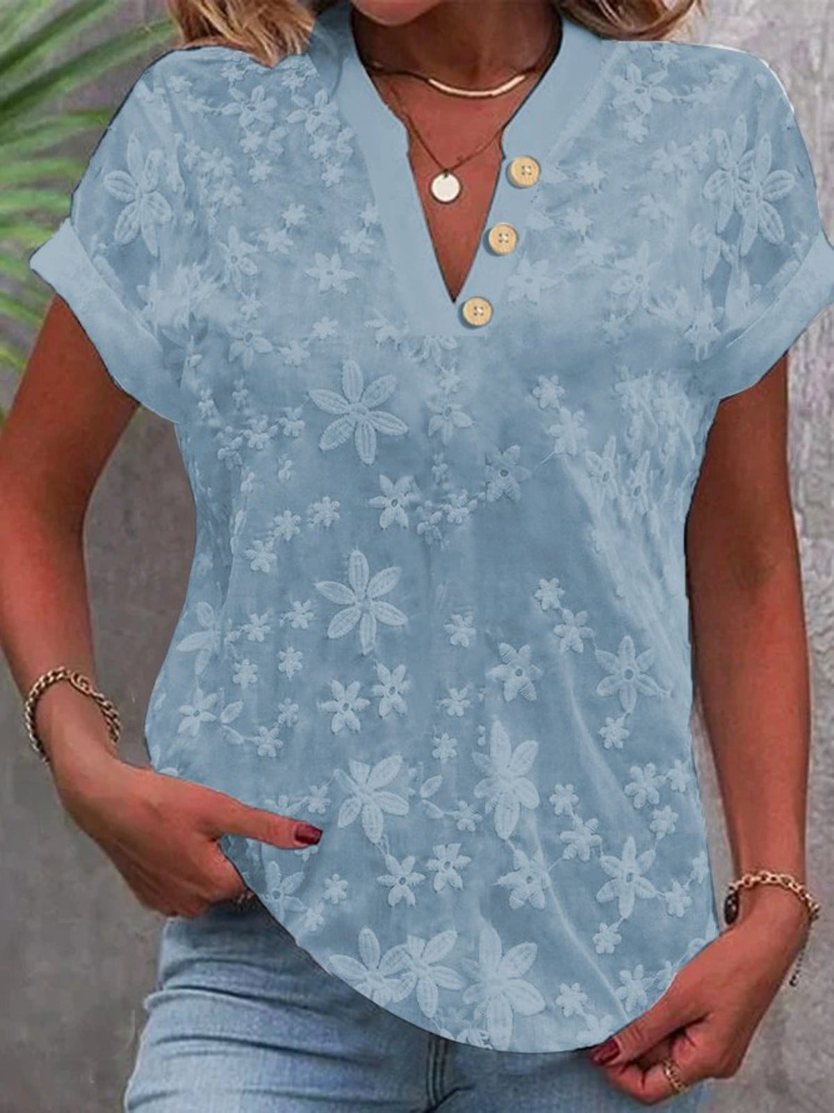 V-Neckline Comfortable Short Sleeves Classic Button Front Closure Relaxed Fit Embroidered Blouse