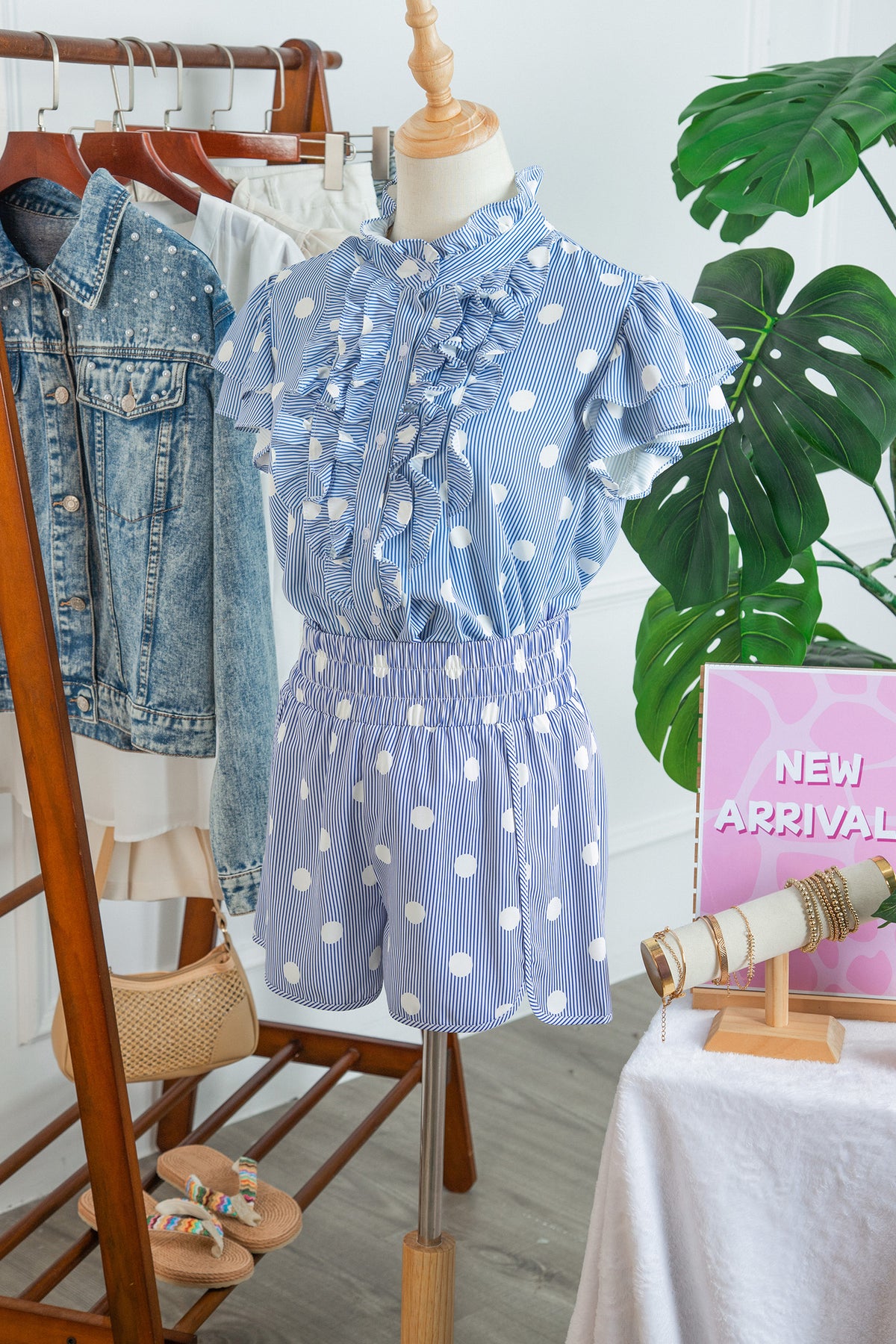 Sky Blue Polka Dot Print Shirred High Waist Casual Shorts