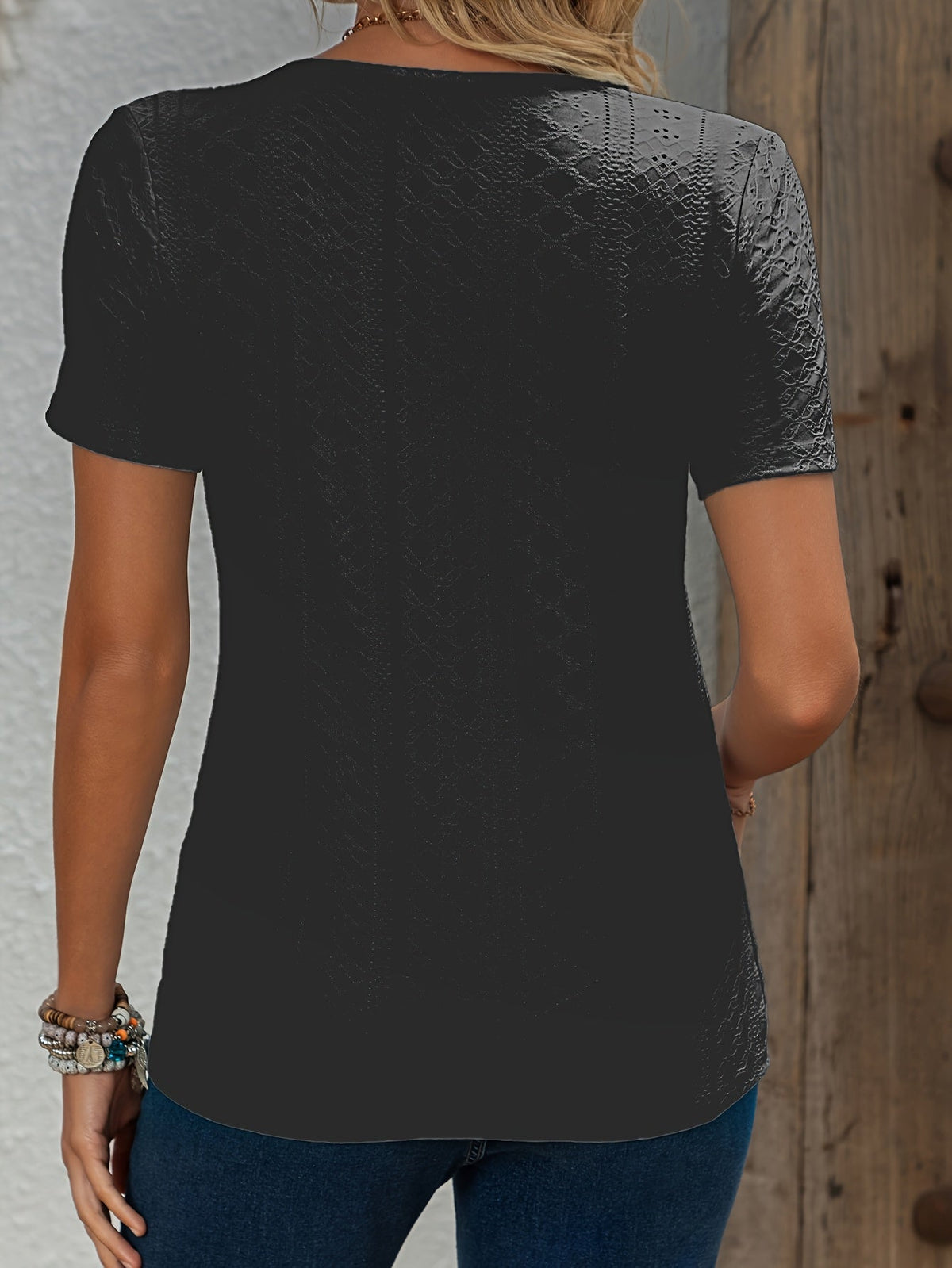 Elegant V-Neck Short Sleeve T-Shirt with Decorative Buttons