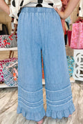 Beau Blue Ruffled Hem Wide Leg Chambray Pants