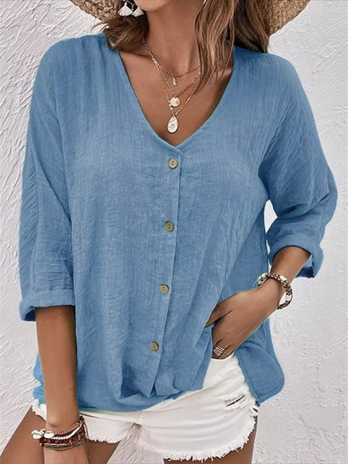 V-neck Pullover Short Sleeve Loose Shirt
