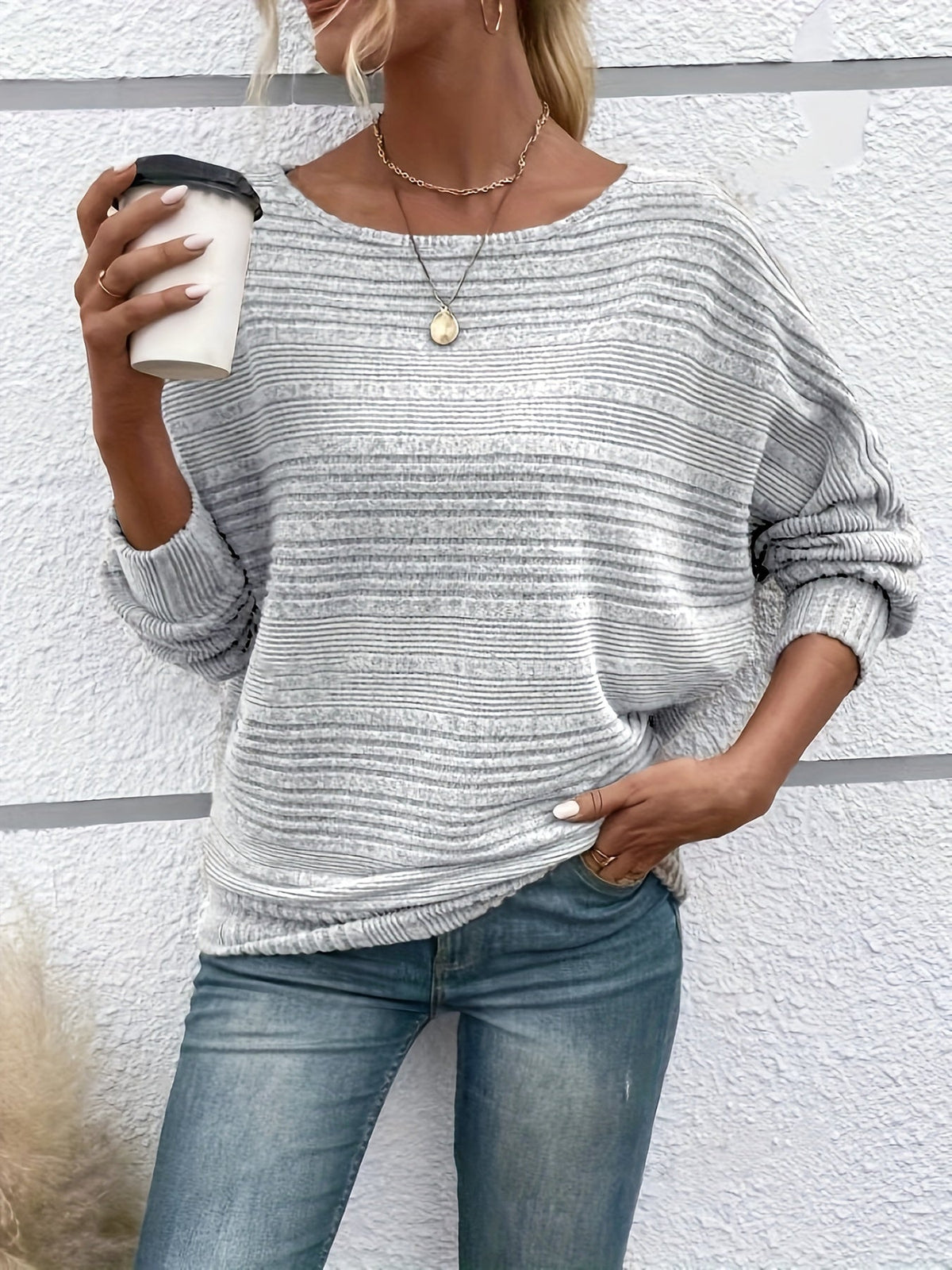 Ribbed Crew Neck T-Shirt, Elegant Long Sleeve T-Shirt
