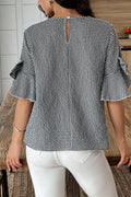 Black Plaid Bow Ruffled Half Sleeve Round Neck Blouse