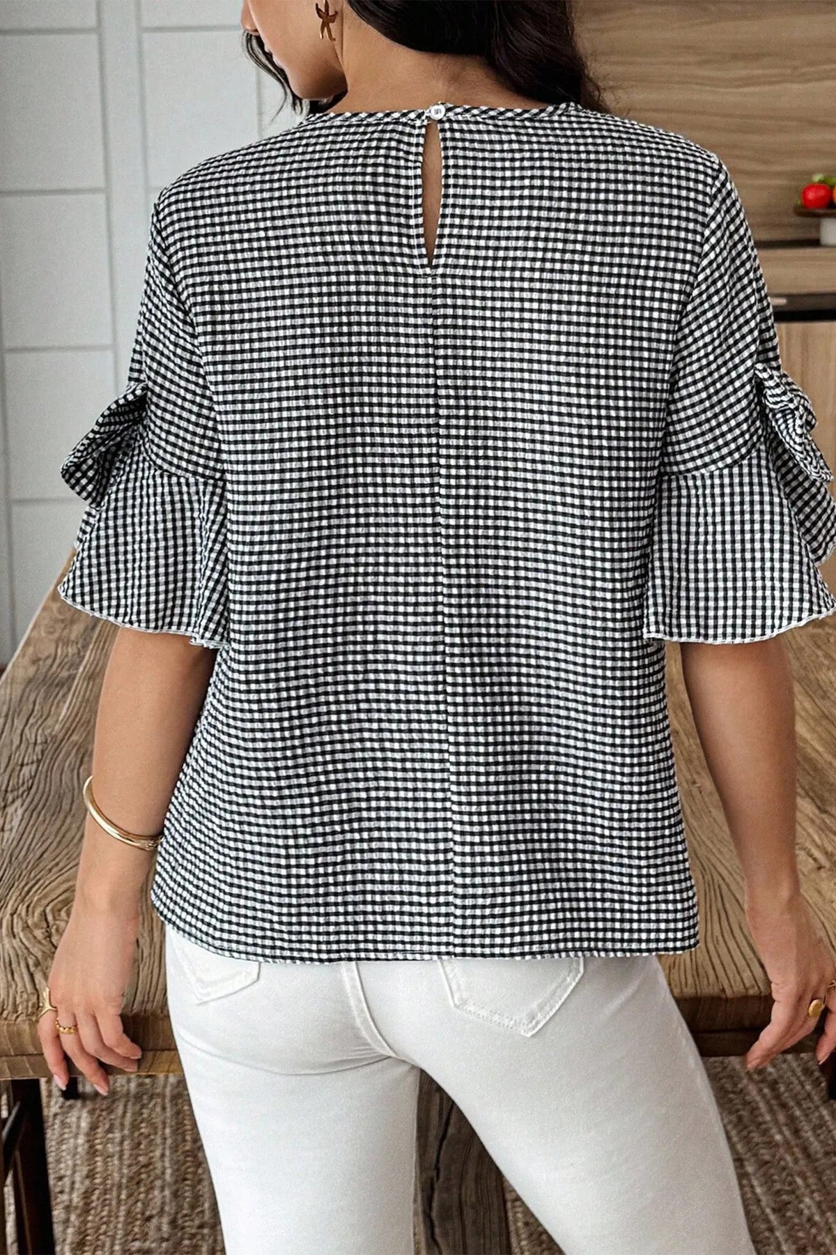 Black Plaid Bow Ruffled Half Sleeve Round Neck Blouse