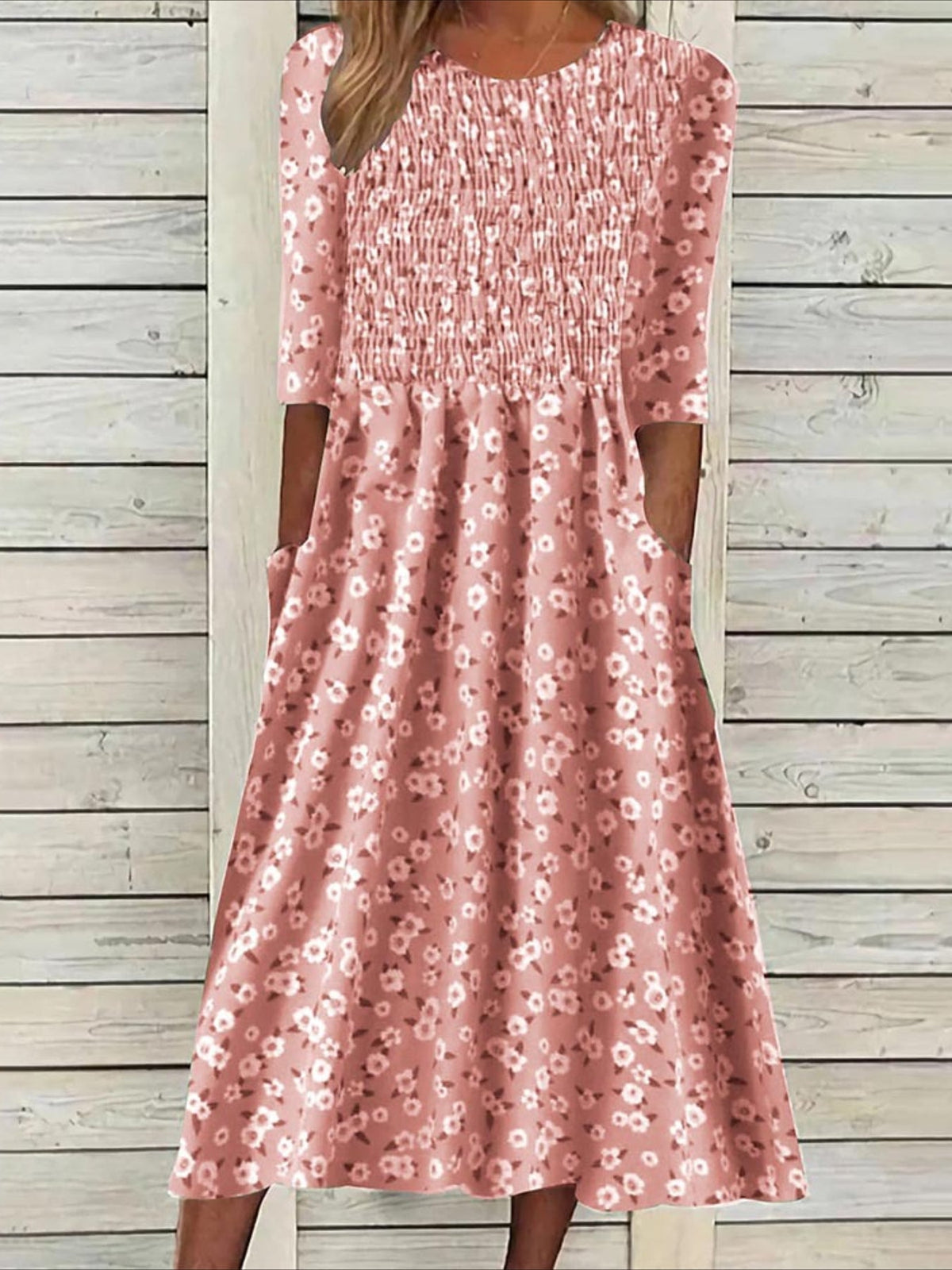 Floral Ditsy Ruched Pocket Crew Neck Daily Vacation Half Sleeve Midi Dress