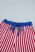Red Stripe Colorblock Trim V Neck Tee Drawstring Elastic Waist Short Set
