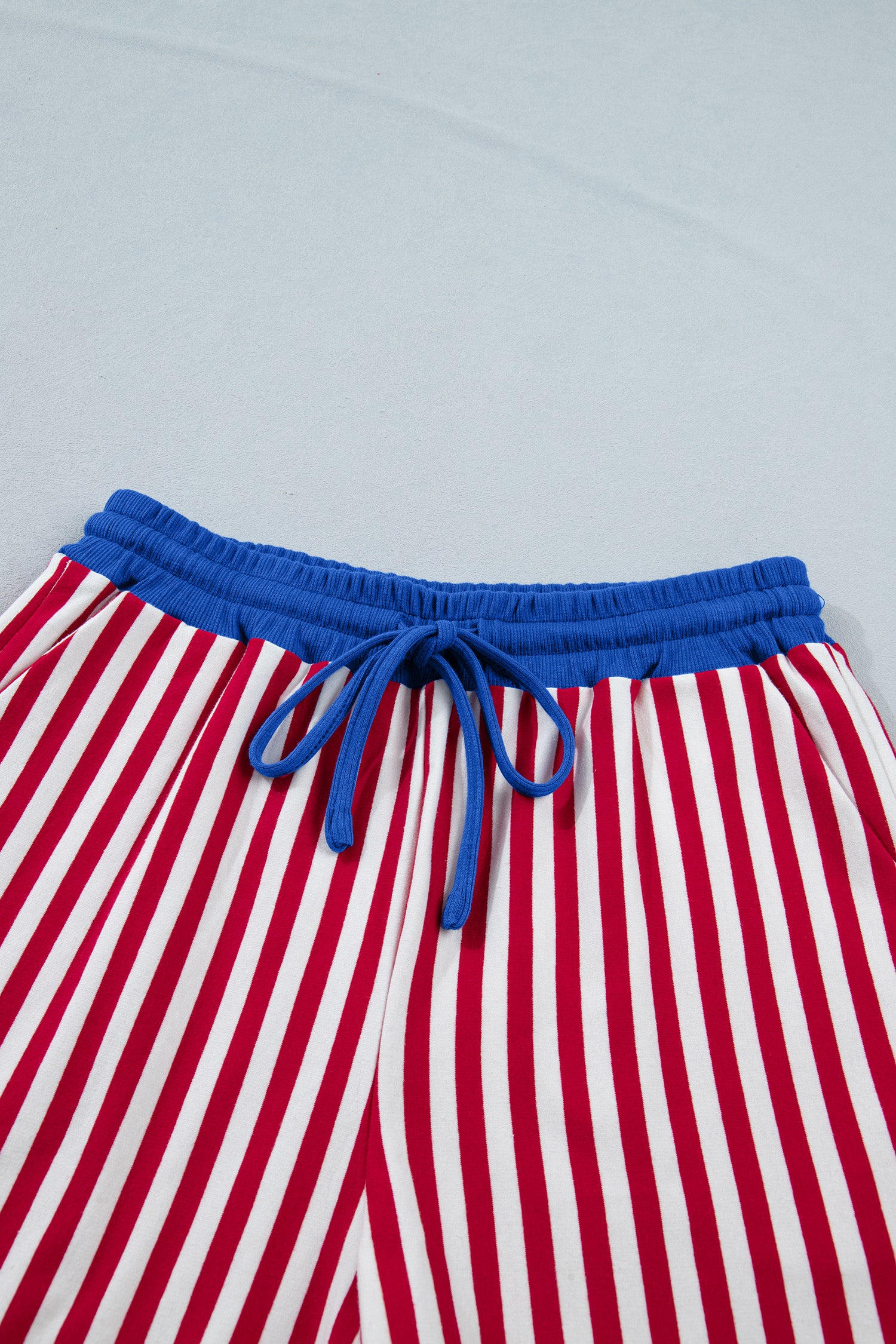 Red Stripe Colorblock Trim V Neck Tee Drawstring Elastic Waist Short Set