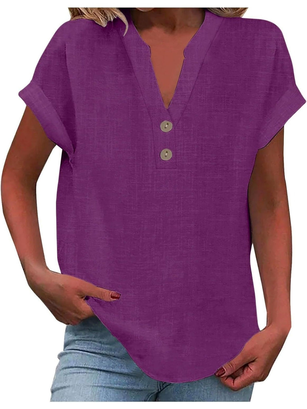 Solid Color V Neck Short Sleeve Button Down T Shirts