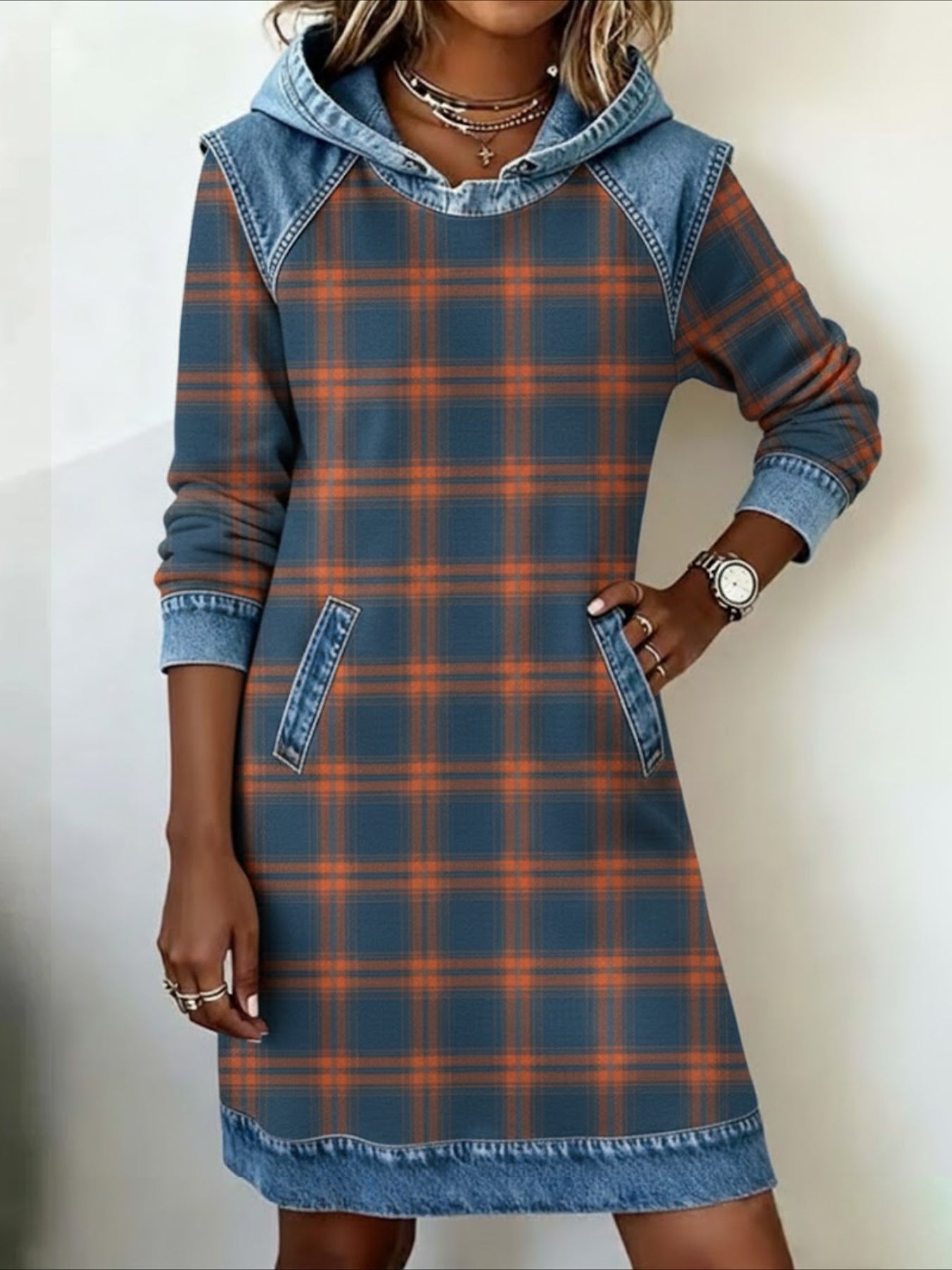 Denim Patchwork Abstract Long Sleeve Hoodie Printing Daily Vintage H-Line Spring/Fall Midi Dress