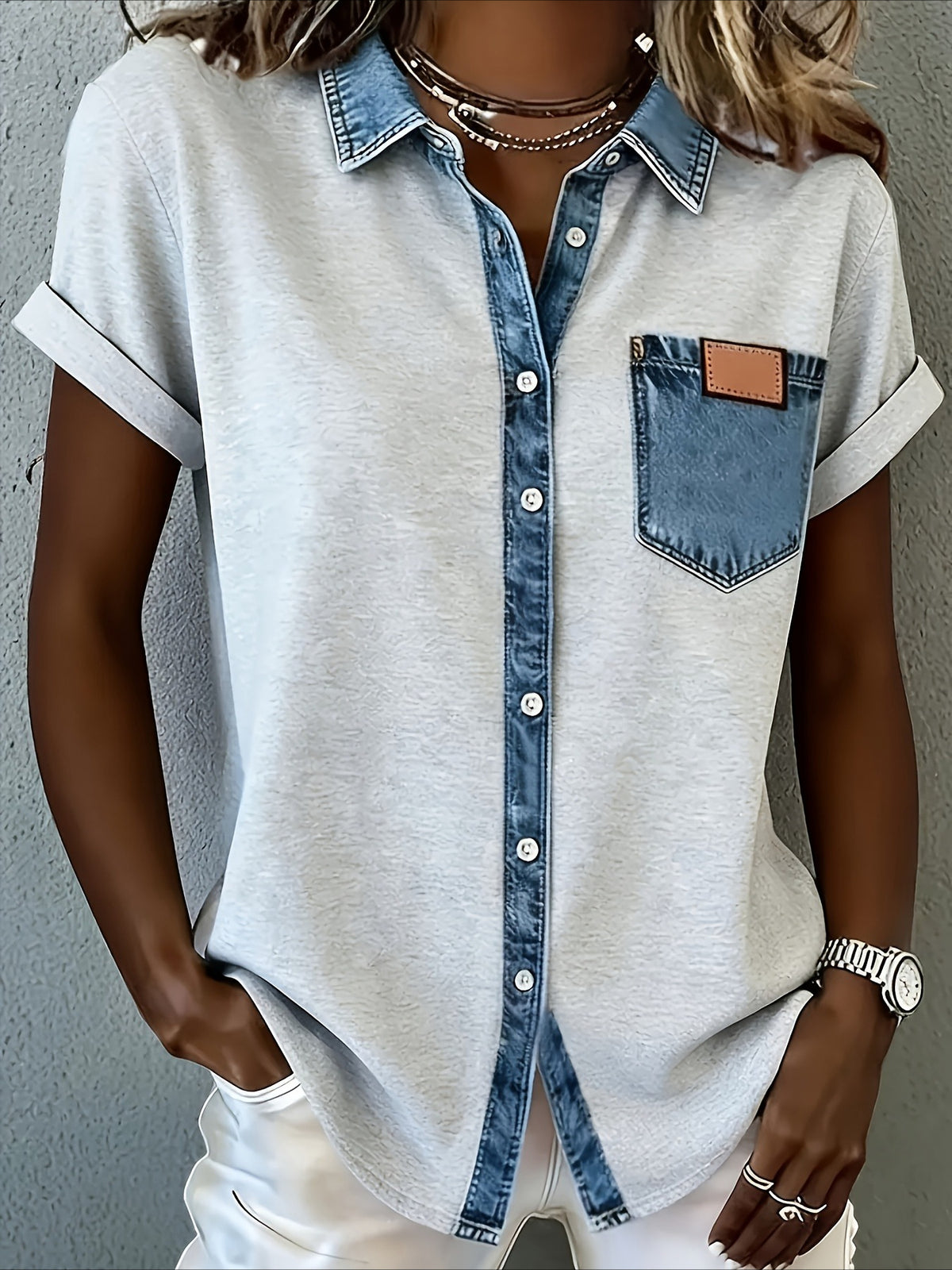 Fashion Short Sleeve Button-Up Blouse