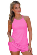 Bright Pink Solid Color Tunic Tank Dress Athletic Shorts Two Piece Set
