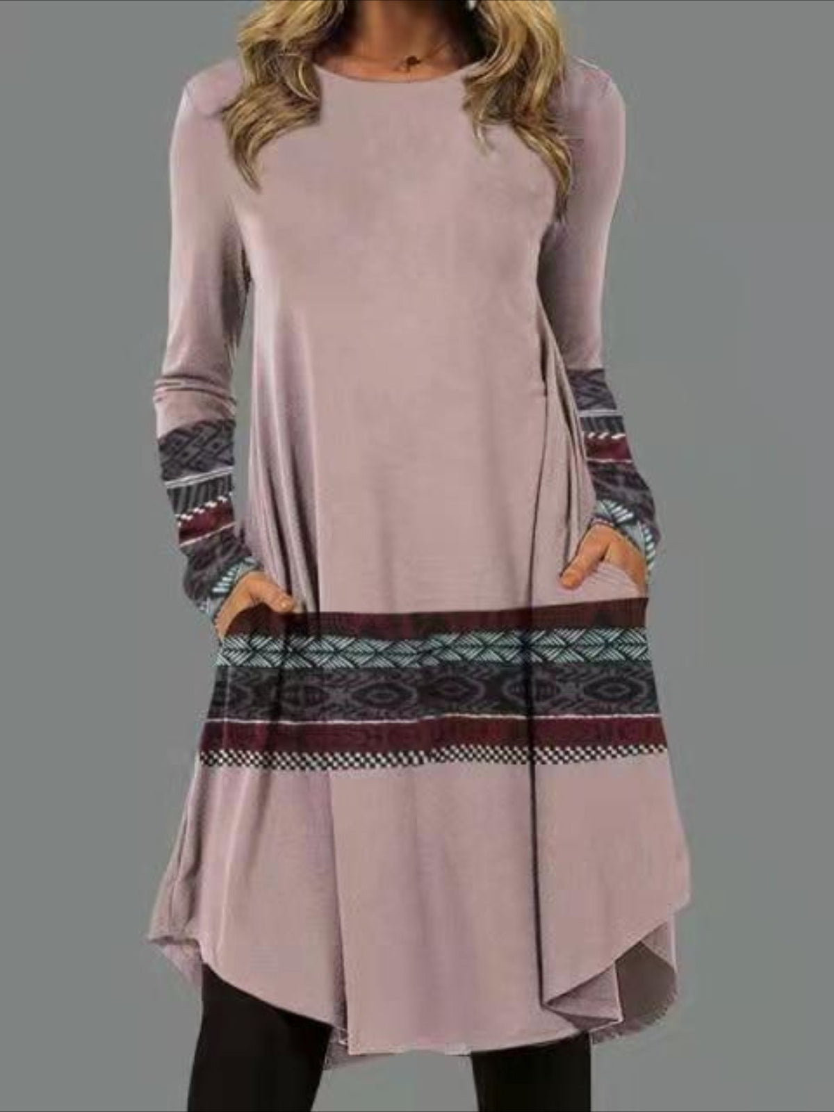 Graphic Print Dress with Long Sleeves and Pockets - Casual and Comfortable
