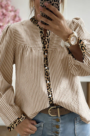 Brown Stripe Leopard Patchwork Long Sleeve Shirt