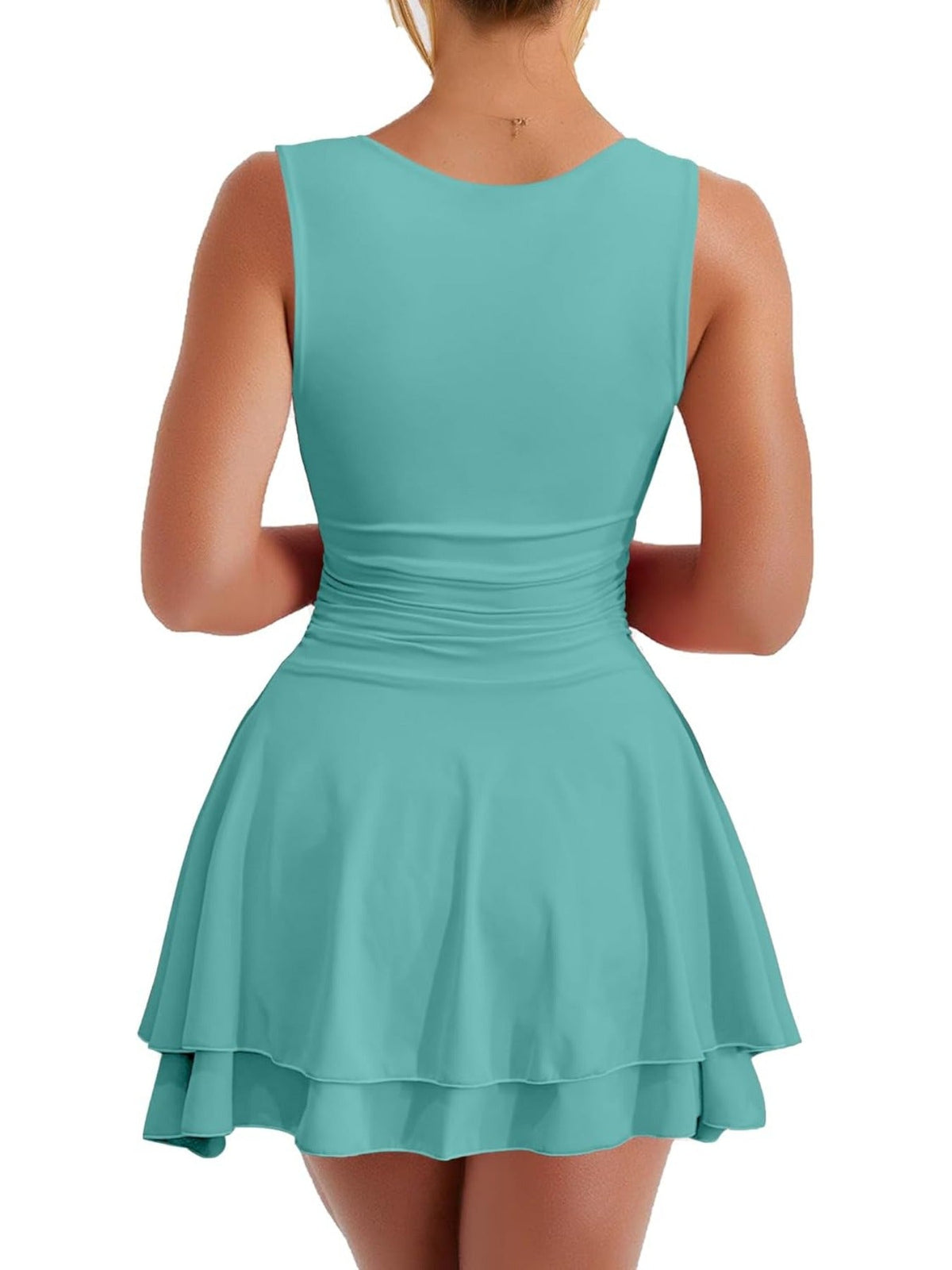 Solid Color Square Neck Ruffle Hem Ruched Waist Mini Dress