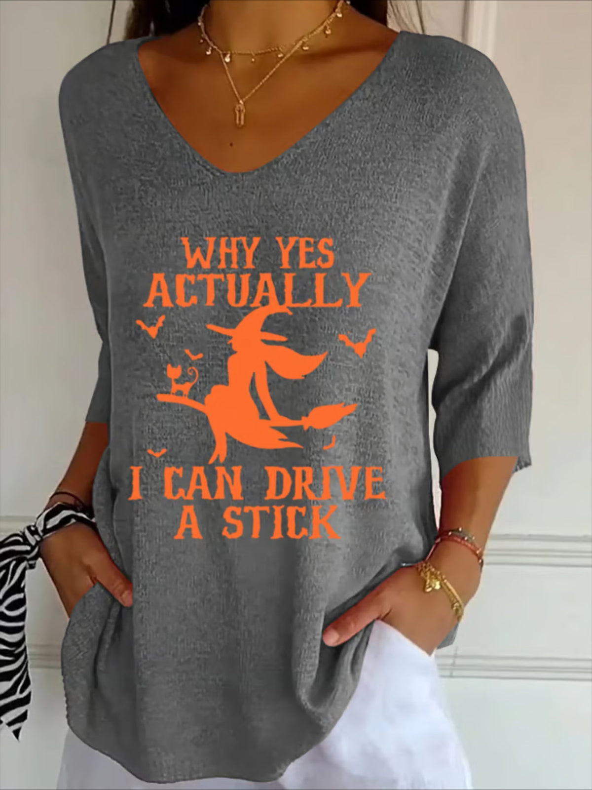 Halloween Printing Three Quarter Sleeve V Neck Casual Graphic Tee