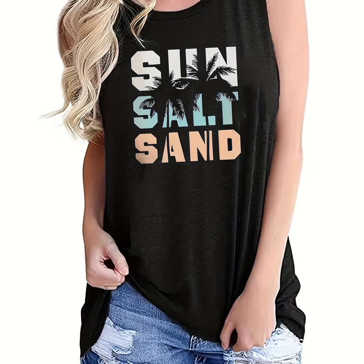 Sun Salt Sand Print Tank Top, Casual Sleeveless Crew Neck Beach Tank Top
