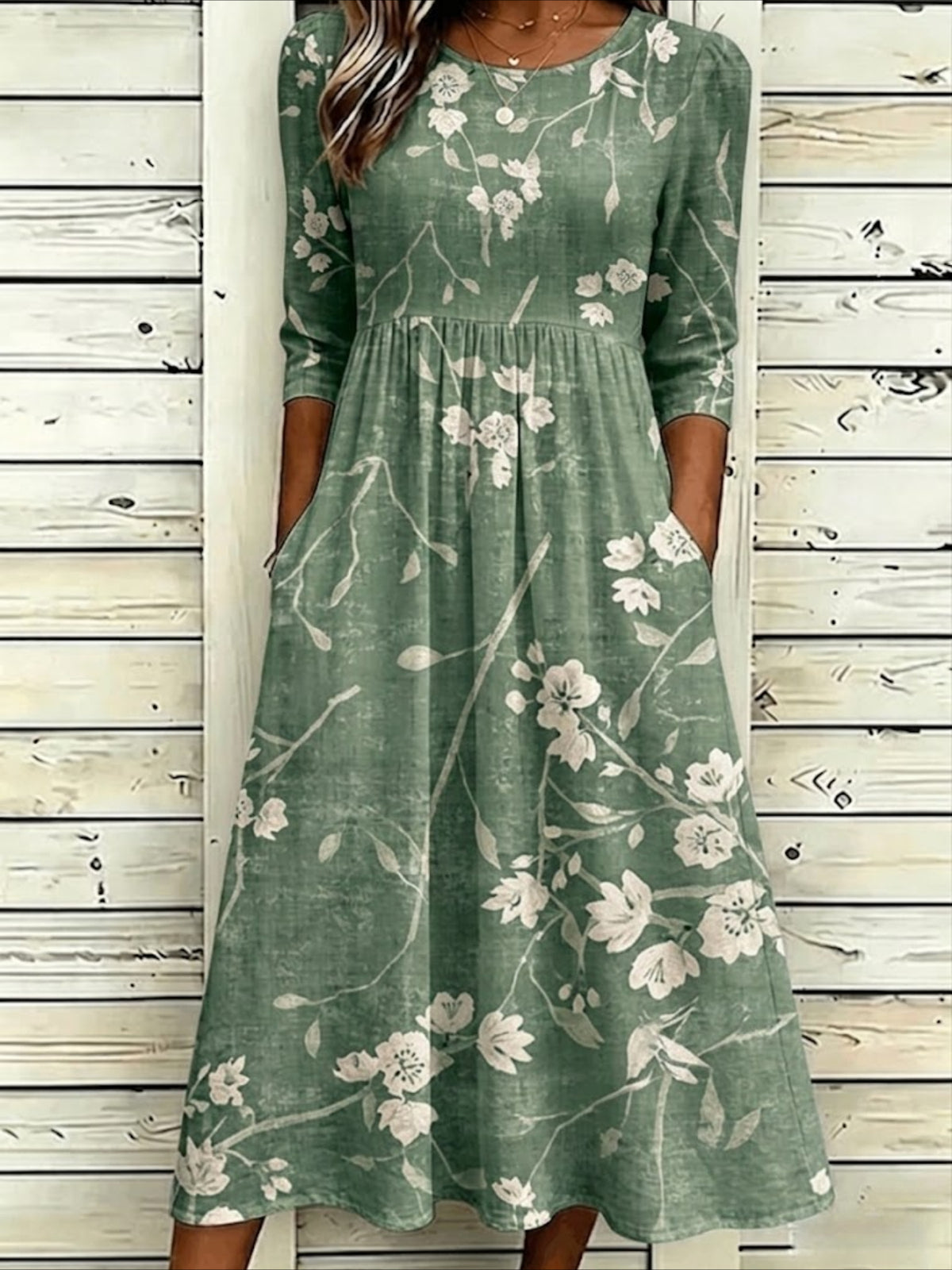 Flower Casual Round Neck Half Sleeve Mid Dress