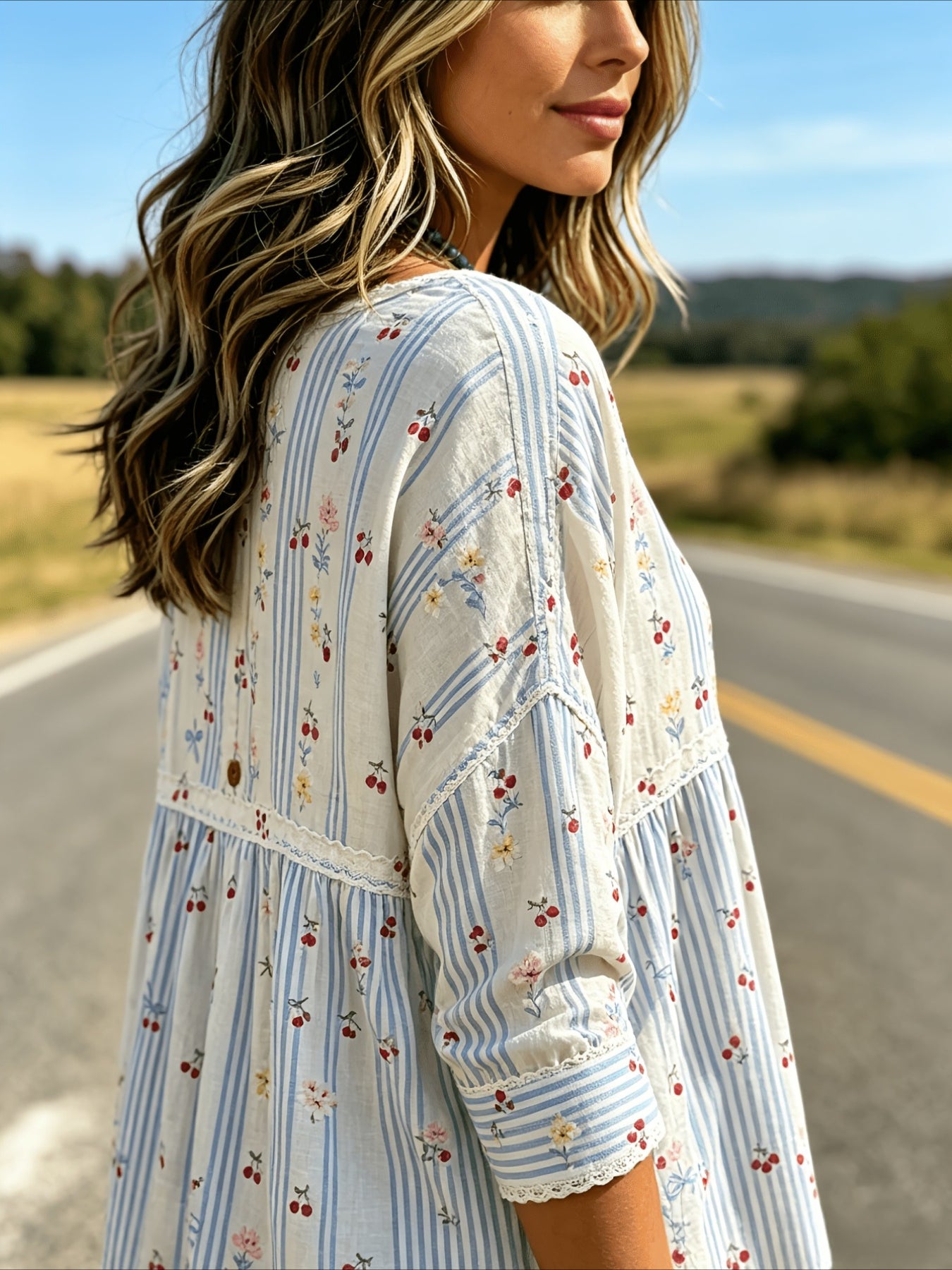 Floral Print 3/4 Sleeve V-Neck Three-Button Front Babydoll Blouse