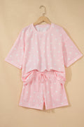 Pink Polka Dot Short Sleeve Loose Top Drawstring Shorts Set