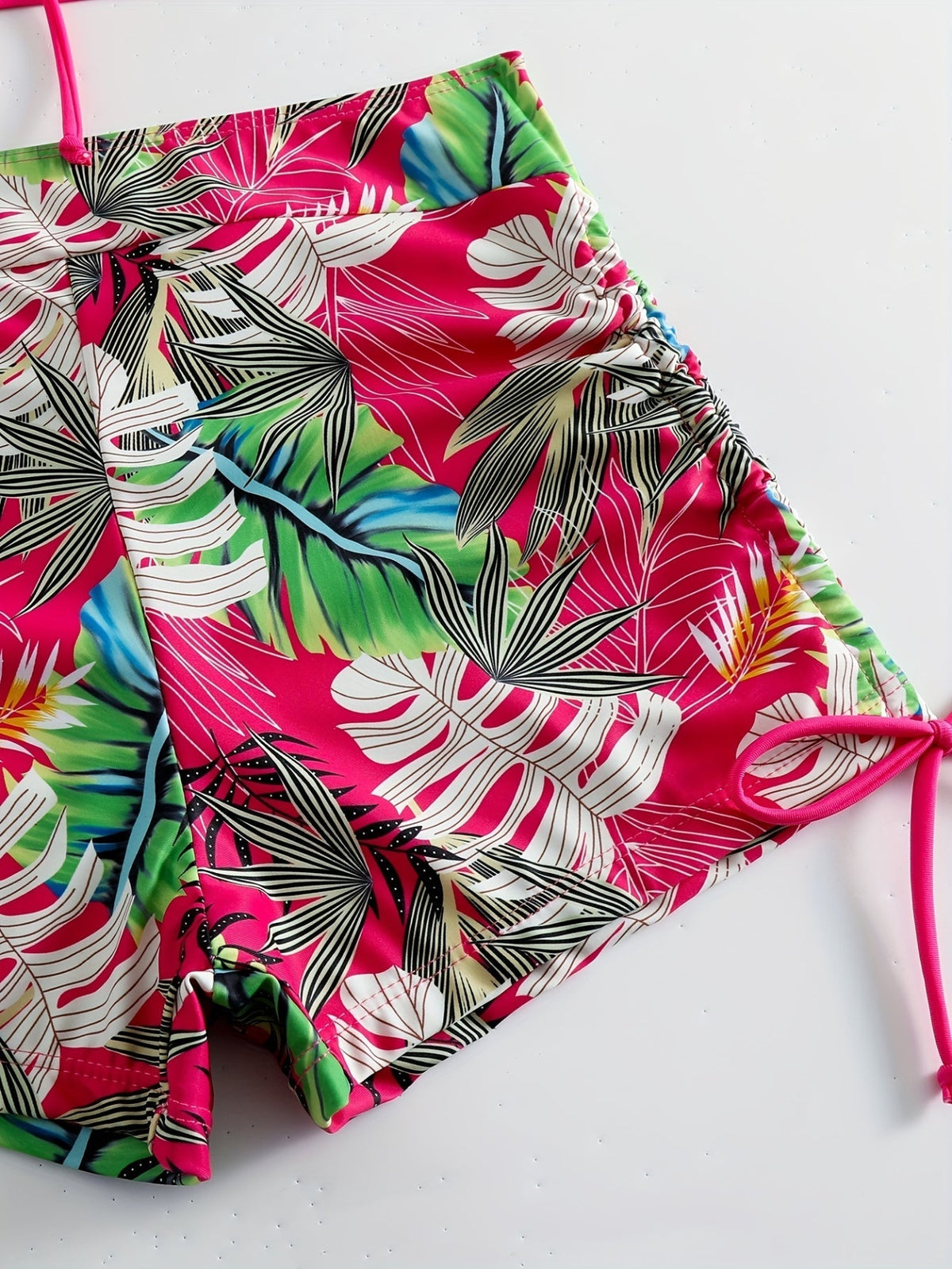Tropical Leaf Print V Neck High Waist Bikini Sets, Drawstring Spaghetti Straps Boxer Short Bottoms Two Pieces Swimsuit
