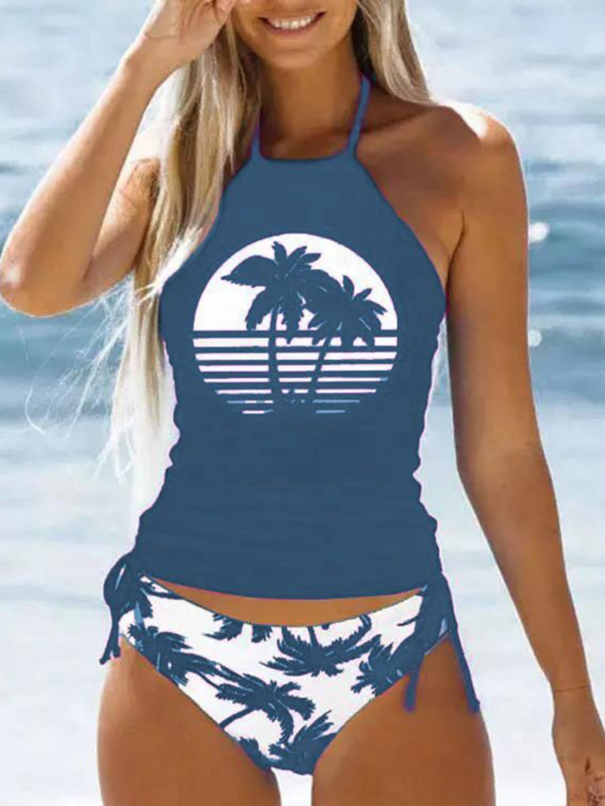 Coconut Tree Sunset Pattern Drawstring 2 Piece Set Swimsuit, Halter Tie Neck Backless Stretchy Low Waist Bathing Suit