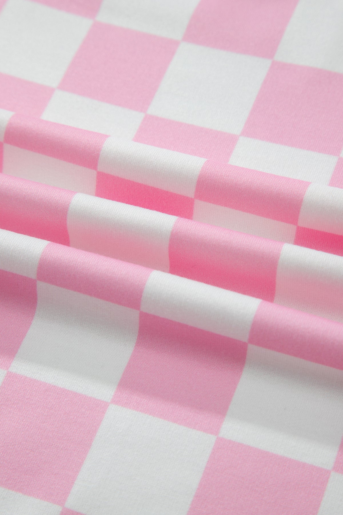 Pink Checkered Print Color Block Trim Mock Neck Short Set
