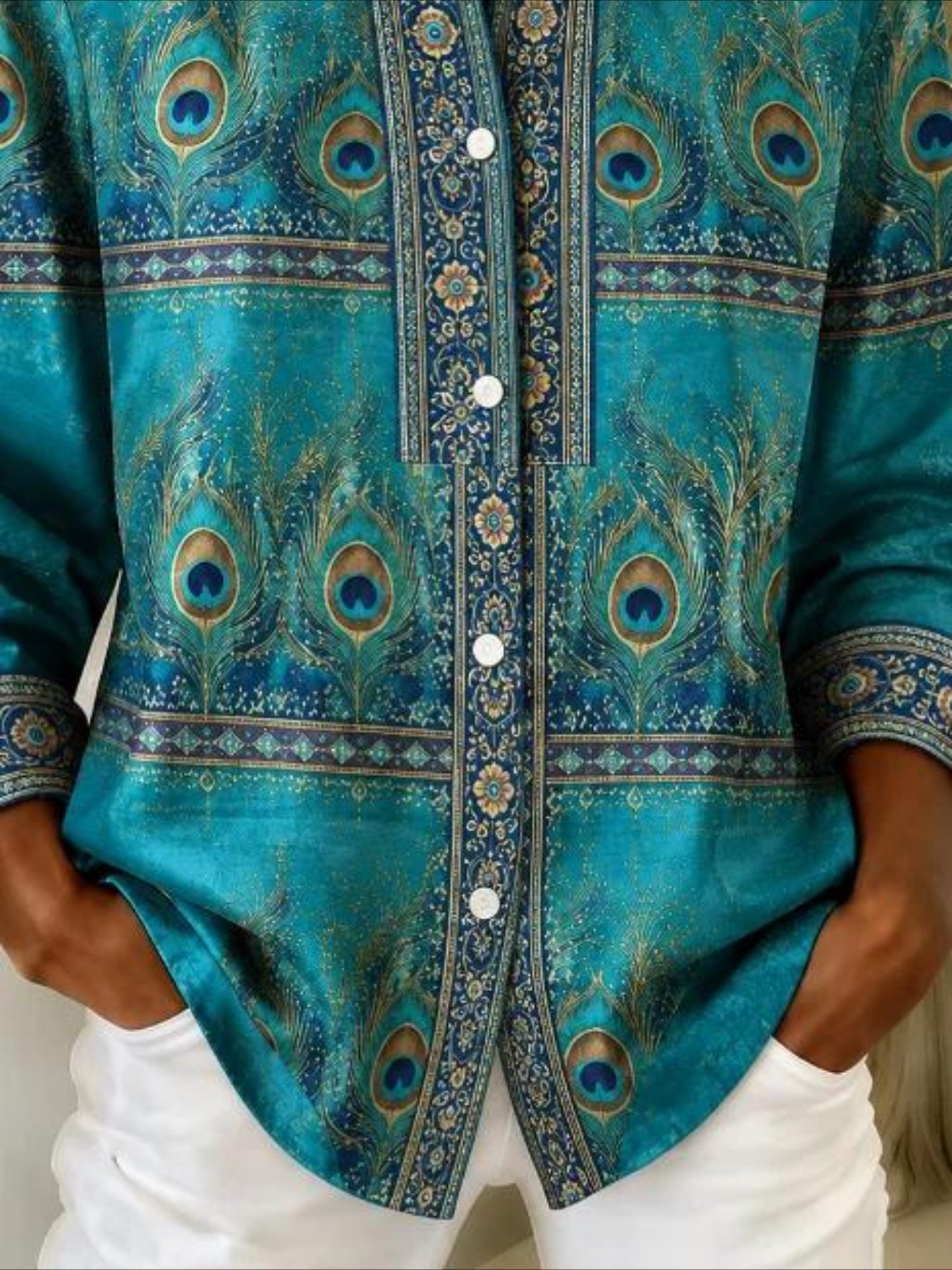 Peacock Feather Print V Neck Long Sleeve Plain Regular Micro-Elasticity Regular Fit Shirt