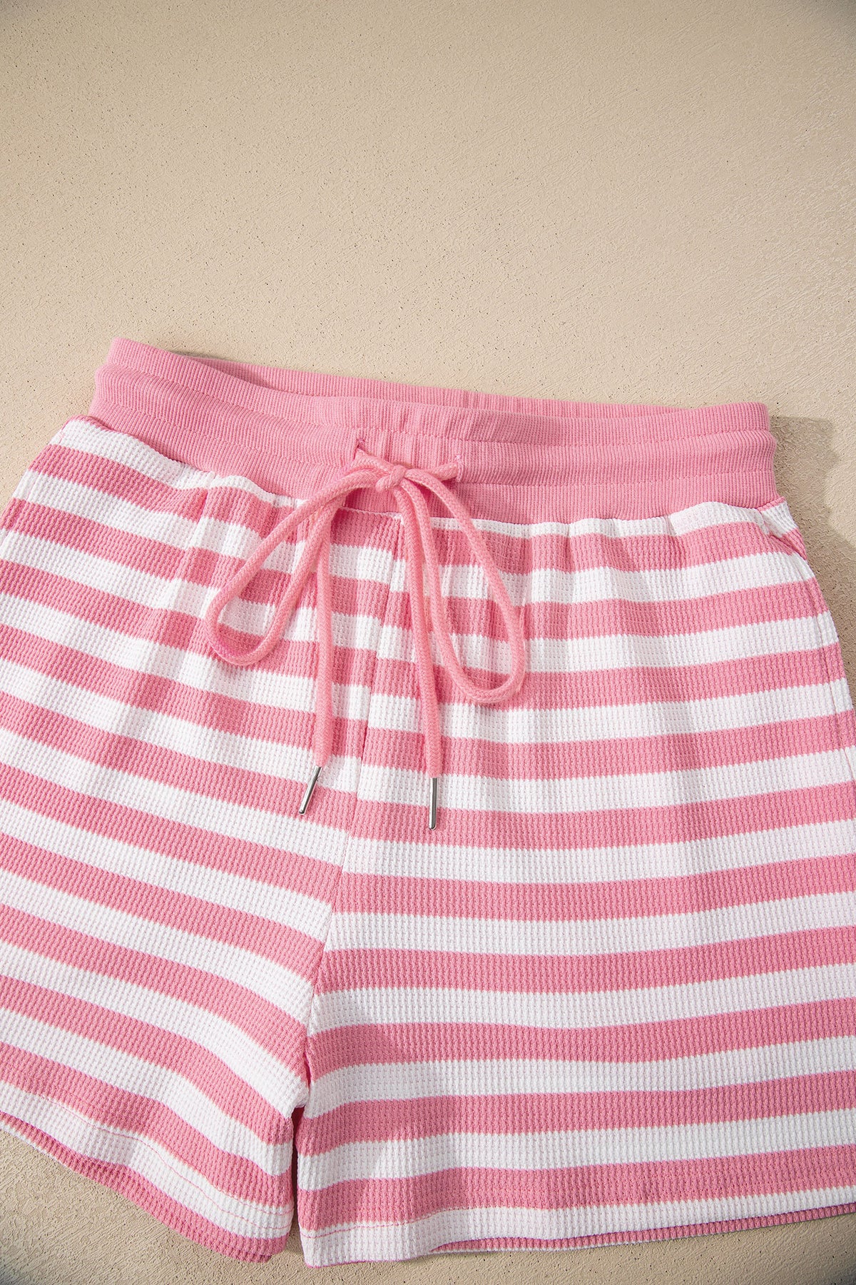 Pink Stripe Puff Short Sleeve T Shirt Matching Shorts Set