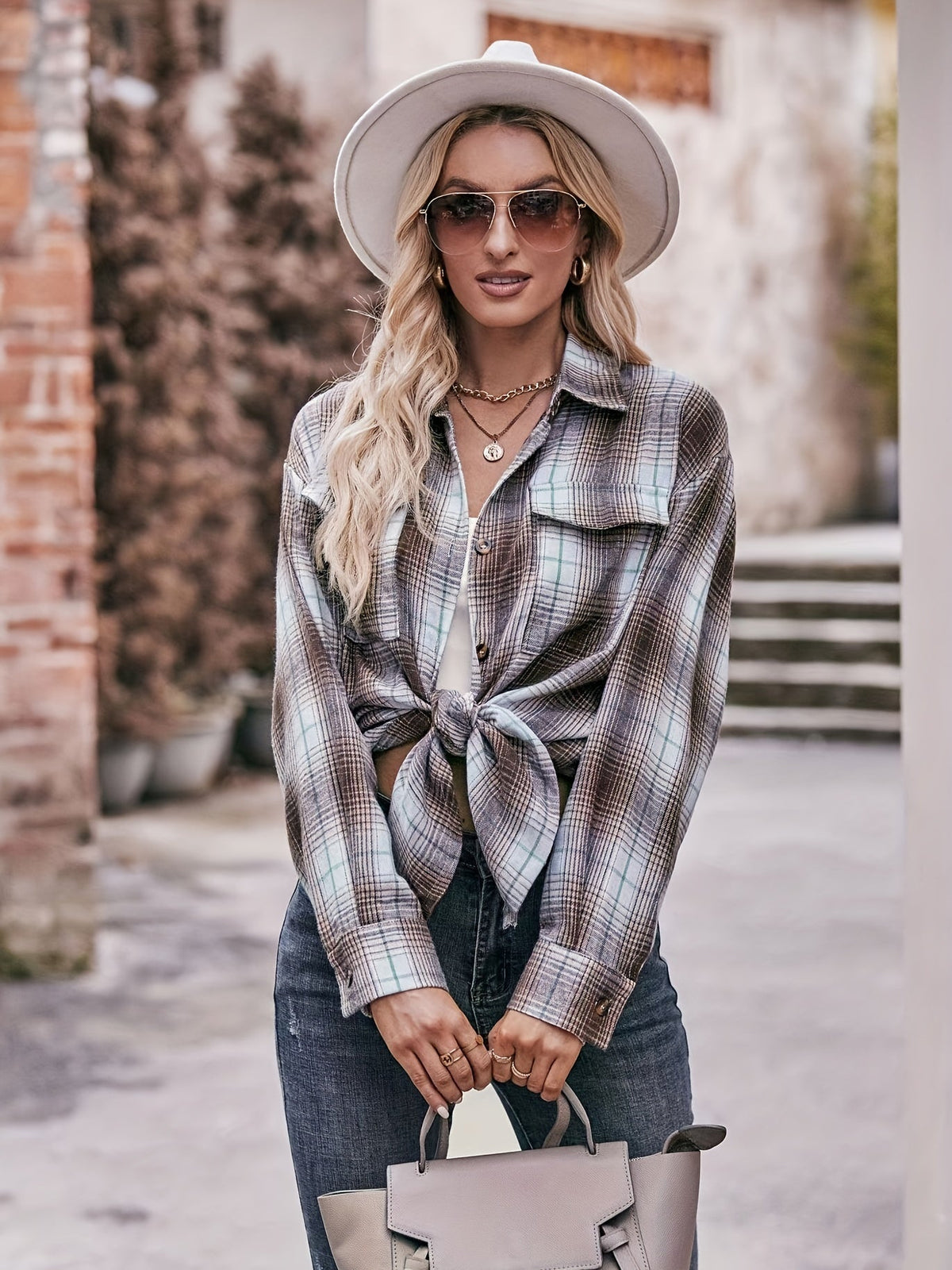 Plaid Print Polo Collar Button Shirt, Casual Long Sleeve Shirt