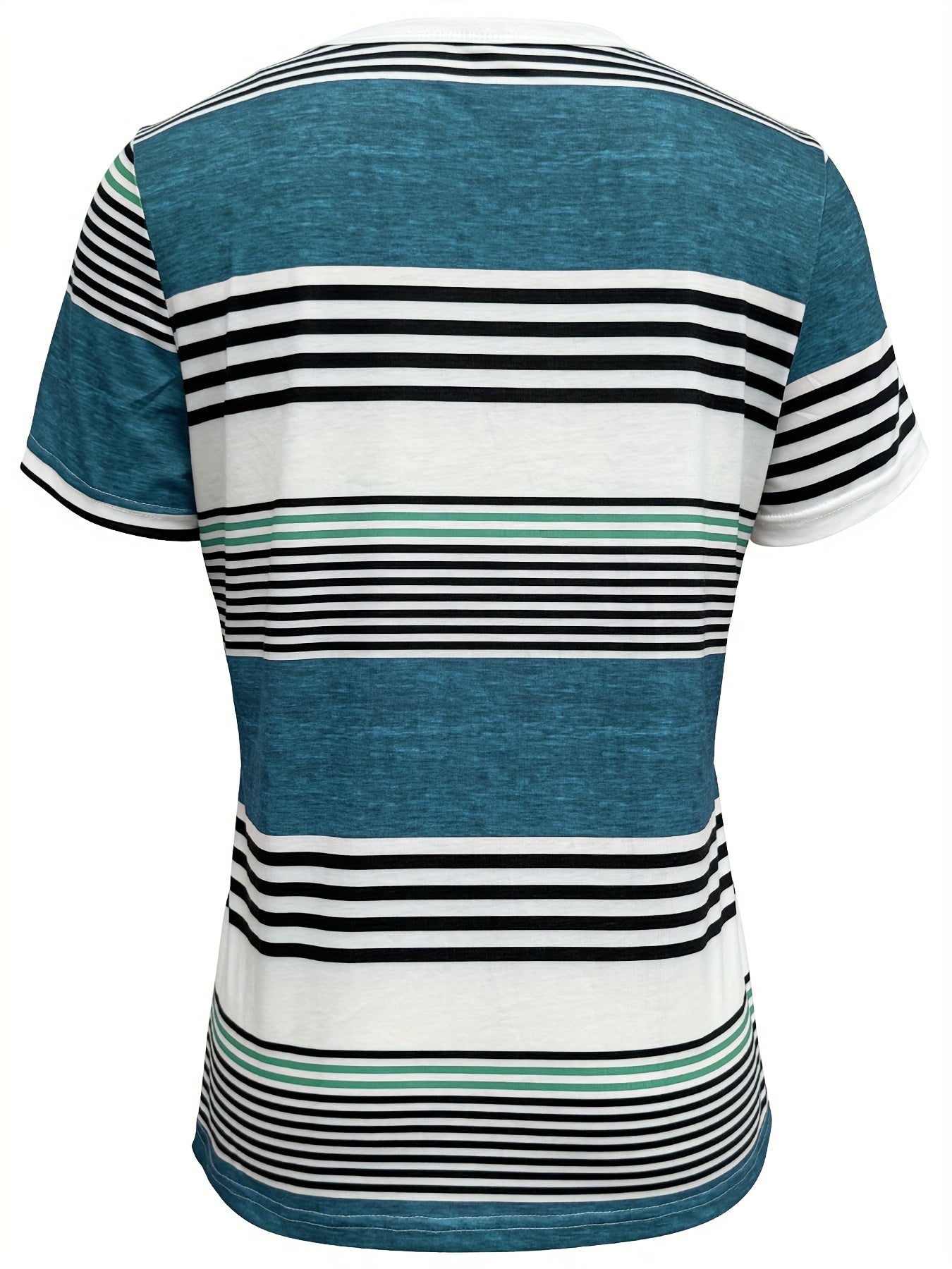 Button Front Vibrant Striped Short Sleeve Crew Neck T-Shirt