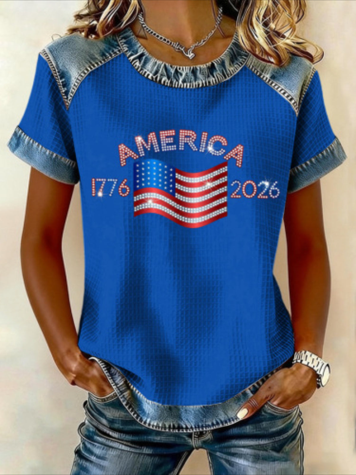 250th Anniversary Of The Founding Of the United States Short Sleeve Text Letters Printing Jersey Crew Neck T-shirt