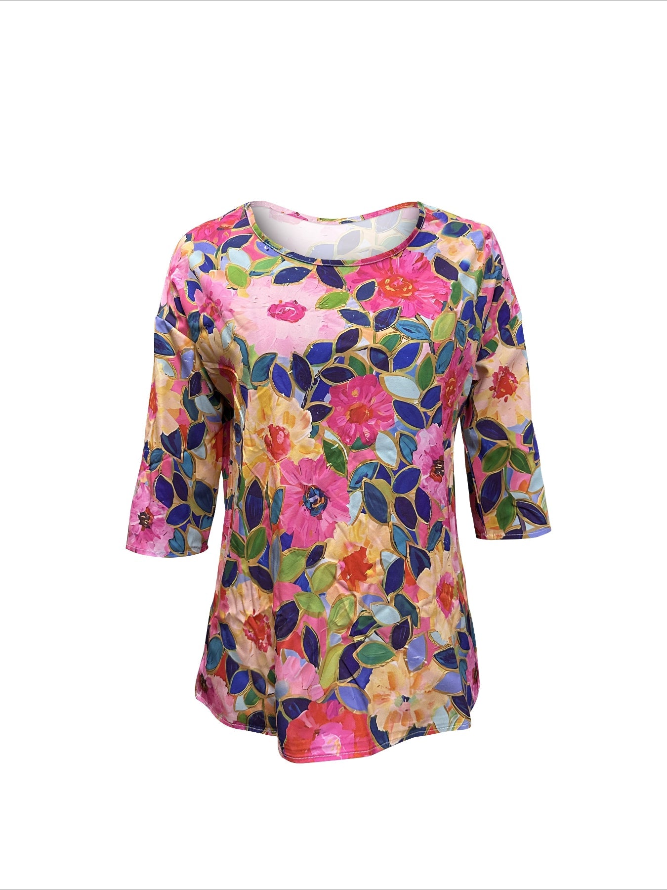 Floral Print Crew Neck Blouse, Casual 3/4 Sleeve Top