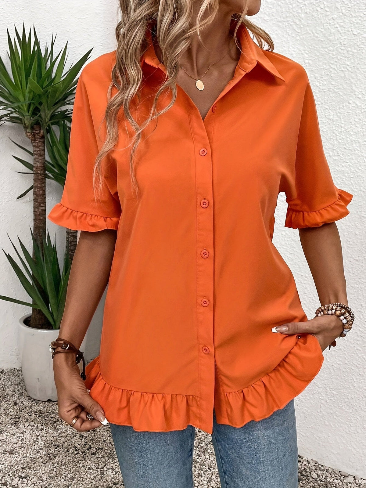 Elegant Solid Color Loose Fit Ruffled Sleeve Blouse