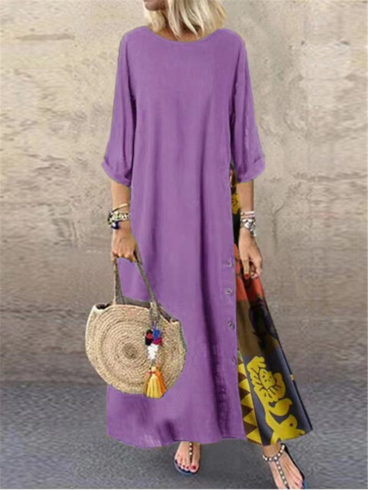 Tribal Print Crew Neck Panel Dress, Casual Long Sleeve Loose Maxi Dress