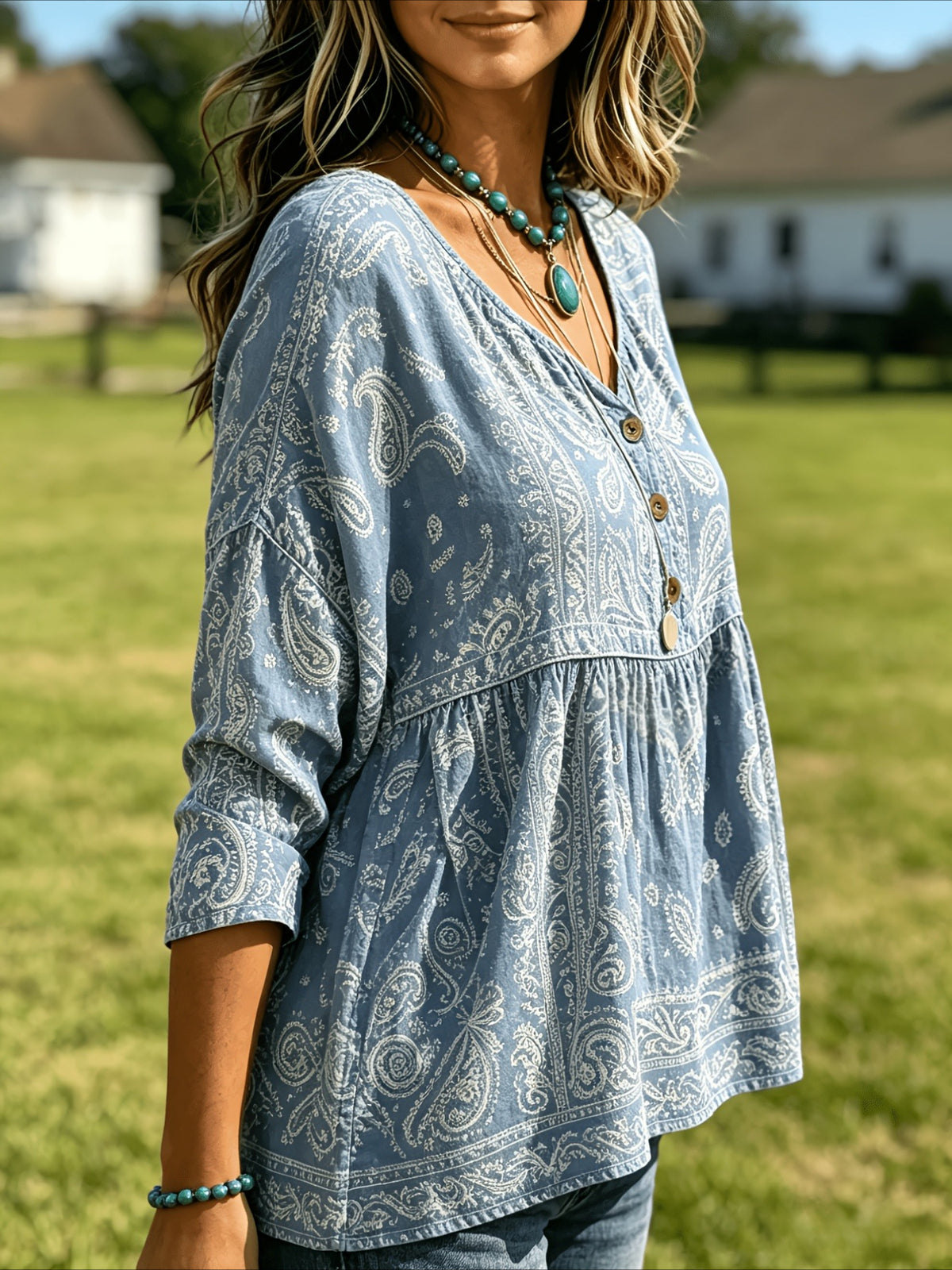 Floral Print 3/4 Sleeve V-Neck Three-Button Front Babydoll Blouse