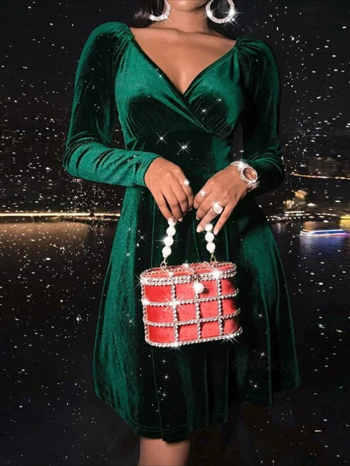 Plain Spring/Fall V Neck Long Sleeve A-Line Midi Dress