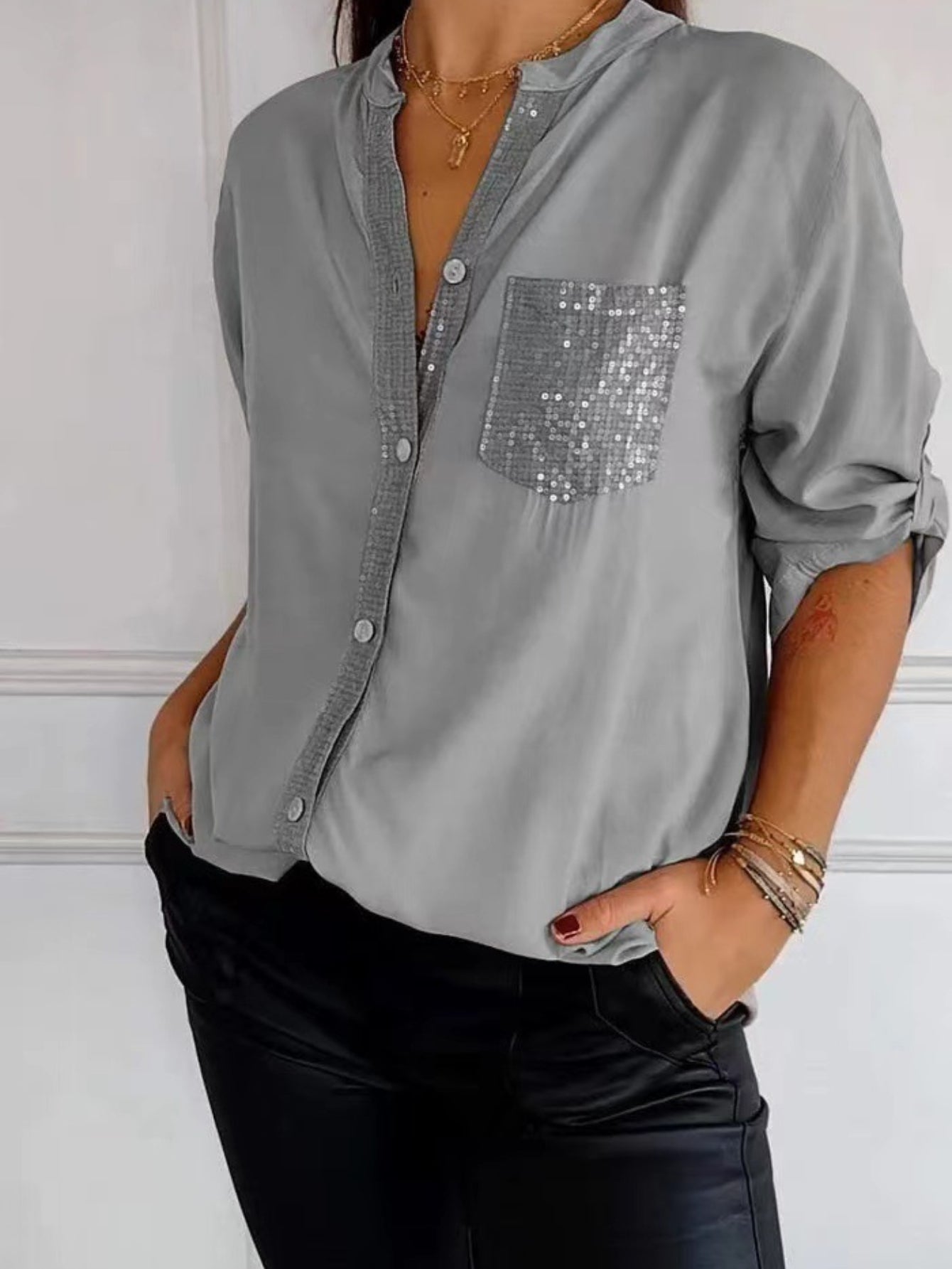 Solid Color Casual V-Neck Sequin Loose Fit Long Sleeve Blouse